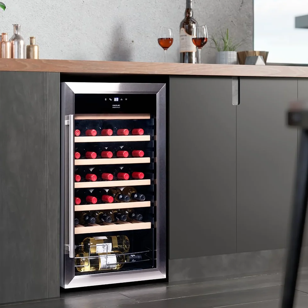 Cecotec Vinoteca 34 botellas Bolero grandsommelier 34030 inox compressor, 80 L, Enfriamiento por compresor, Temperatura regulable de 5 a 18ºC, Control táctil, Display, LED interior.