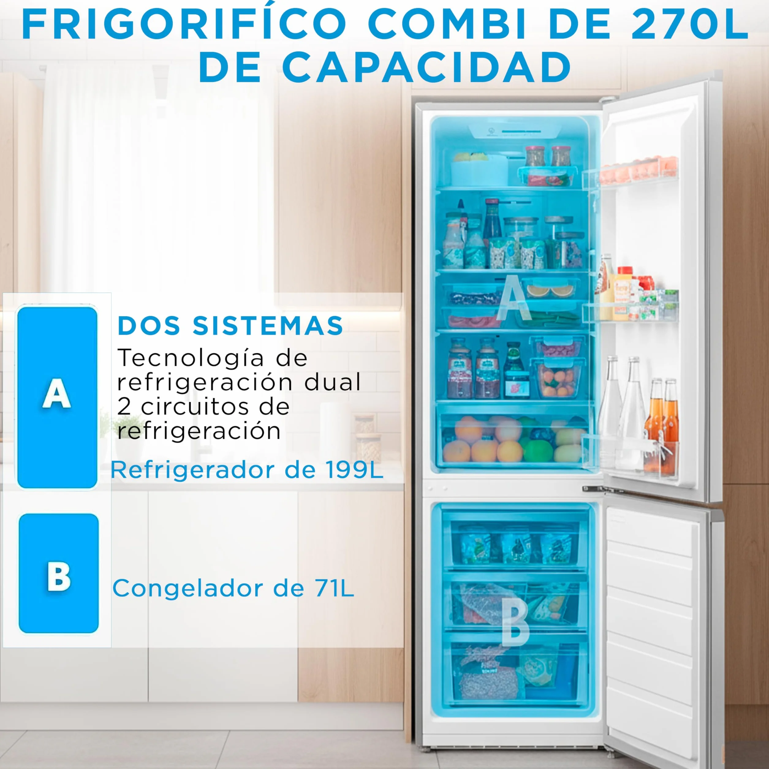 Midea Frigorifico Combi No Frost | 55 cm ancho x 180 cm | Inox | 270L de Capacidad - Nevera Libre Instalación con Congelador Vertical - Refrigerador de Bajo Consumo con Sistema Multi Air Flow