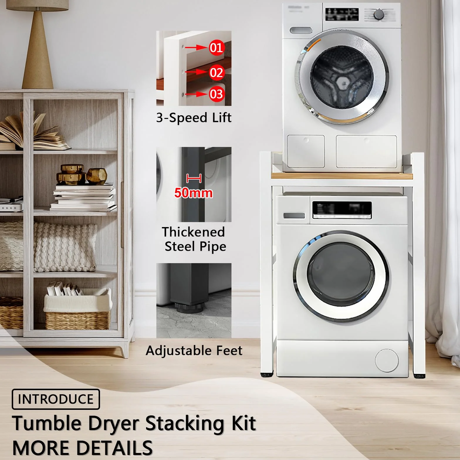 Soportes para lavadoras-secadoras Soporte de Carga 800Kg, Ajustable en Altura de 3 Niveles Mueble Para Lavadora y Secadora, Tubo Cuadrado de 1mm Espesor Estanterías para baño (BLACK, 75x65x105cm)
