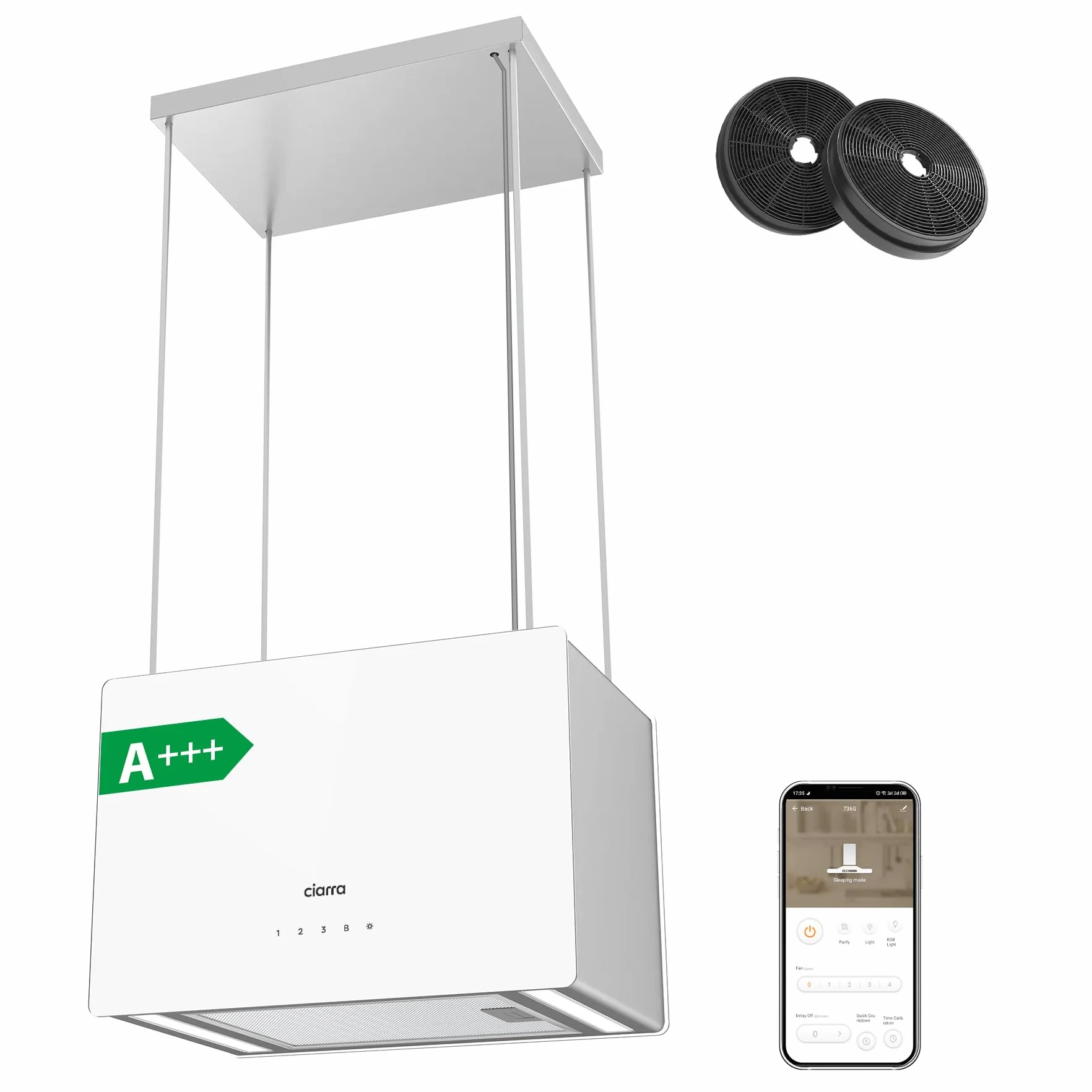 CIARRA CBCS4850 Campana Extractora Isla 48cm 700m³/h WiFi Control Táctil Clase A+++ Blanco