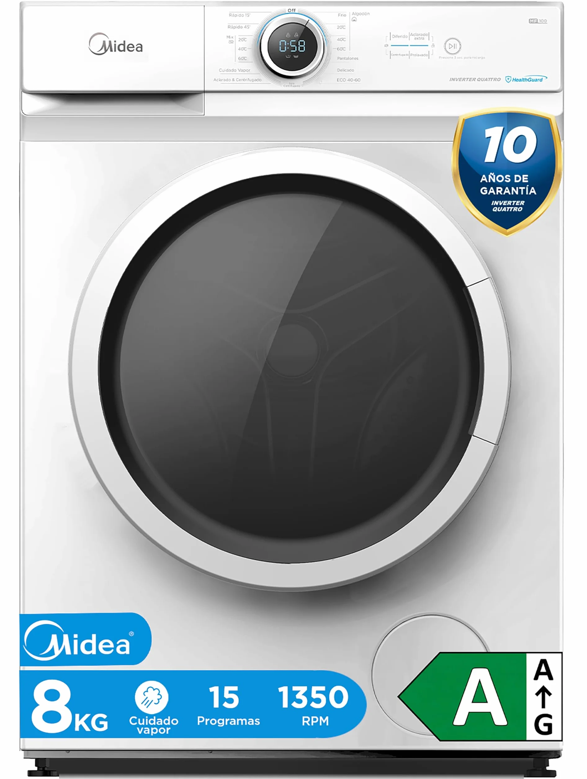 Midea Lavadora 8kg Carga Frontal 1950W 1350rpm Motor Inverter Healthguard