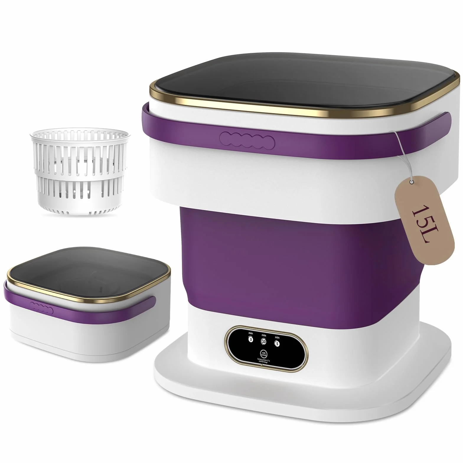 Lavadora Portátil Mejorada 15 Litros 3 Programas Lavado con Centrifugado Plegable Morado