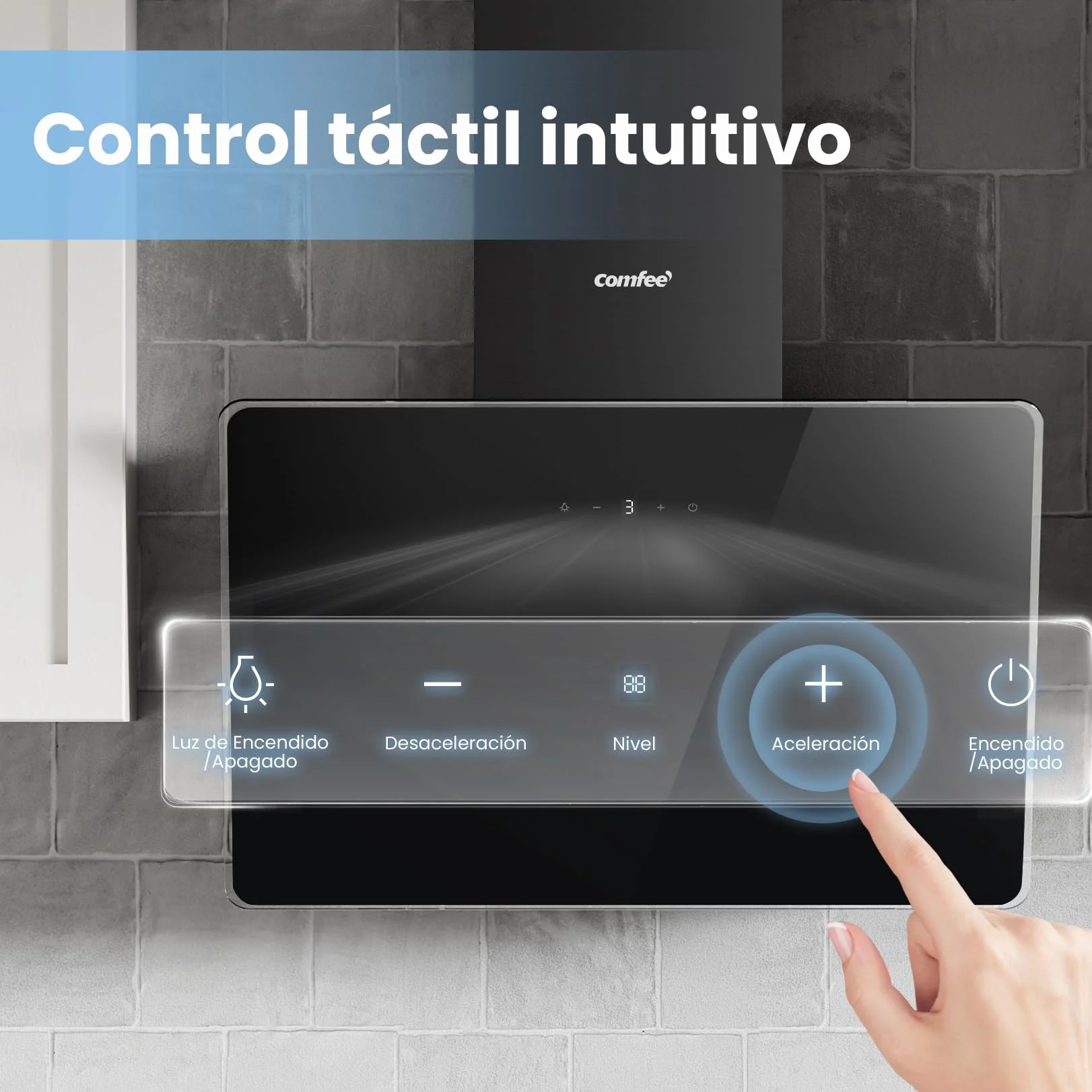 COMFEE' Campana Extractora Inclinada 60cm 400m³/h Vidrio Templado 3 Velocidades Pantalla Táctil LED Negro