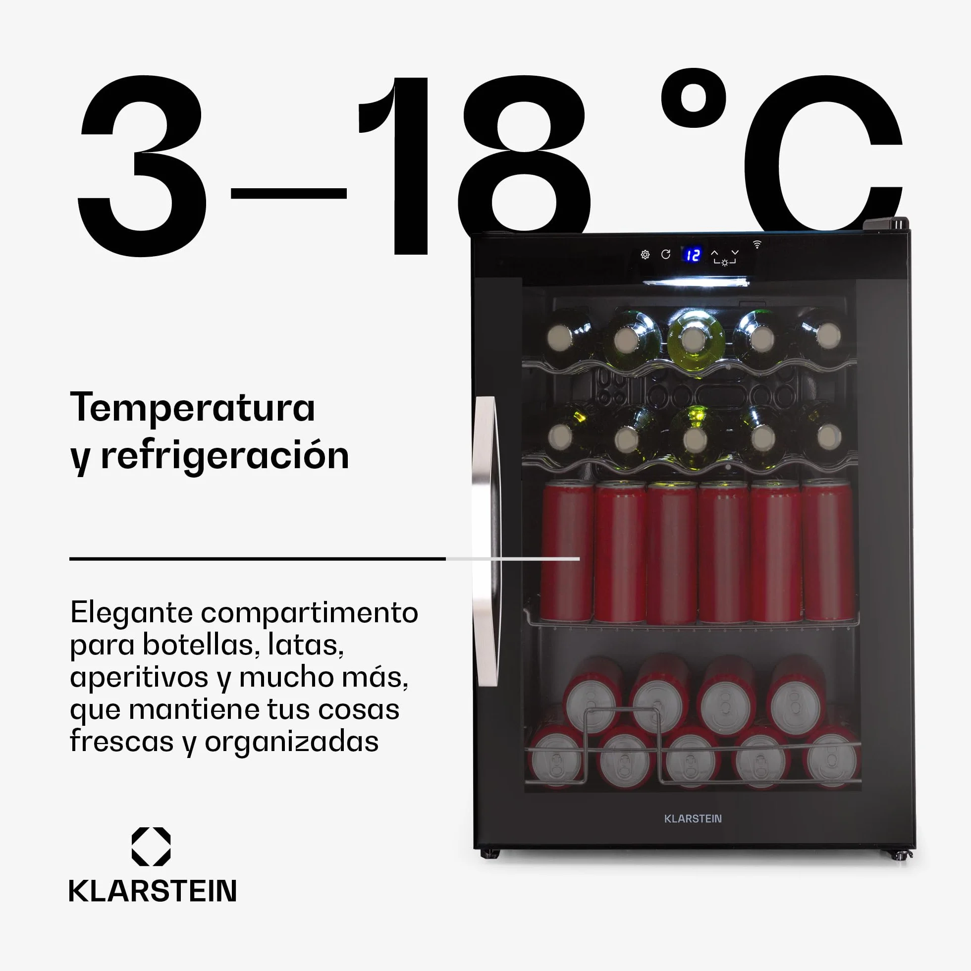 KLARSTEIN Coachella 60 Nevera para Bebidas - 60L Frigorífico para Bebidas con Wifi, Puerta de Cristal, Iluminación Led, 3-18°C, 3 Estantes Metálicos, 7 Colores, Negra
