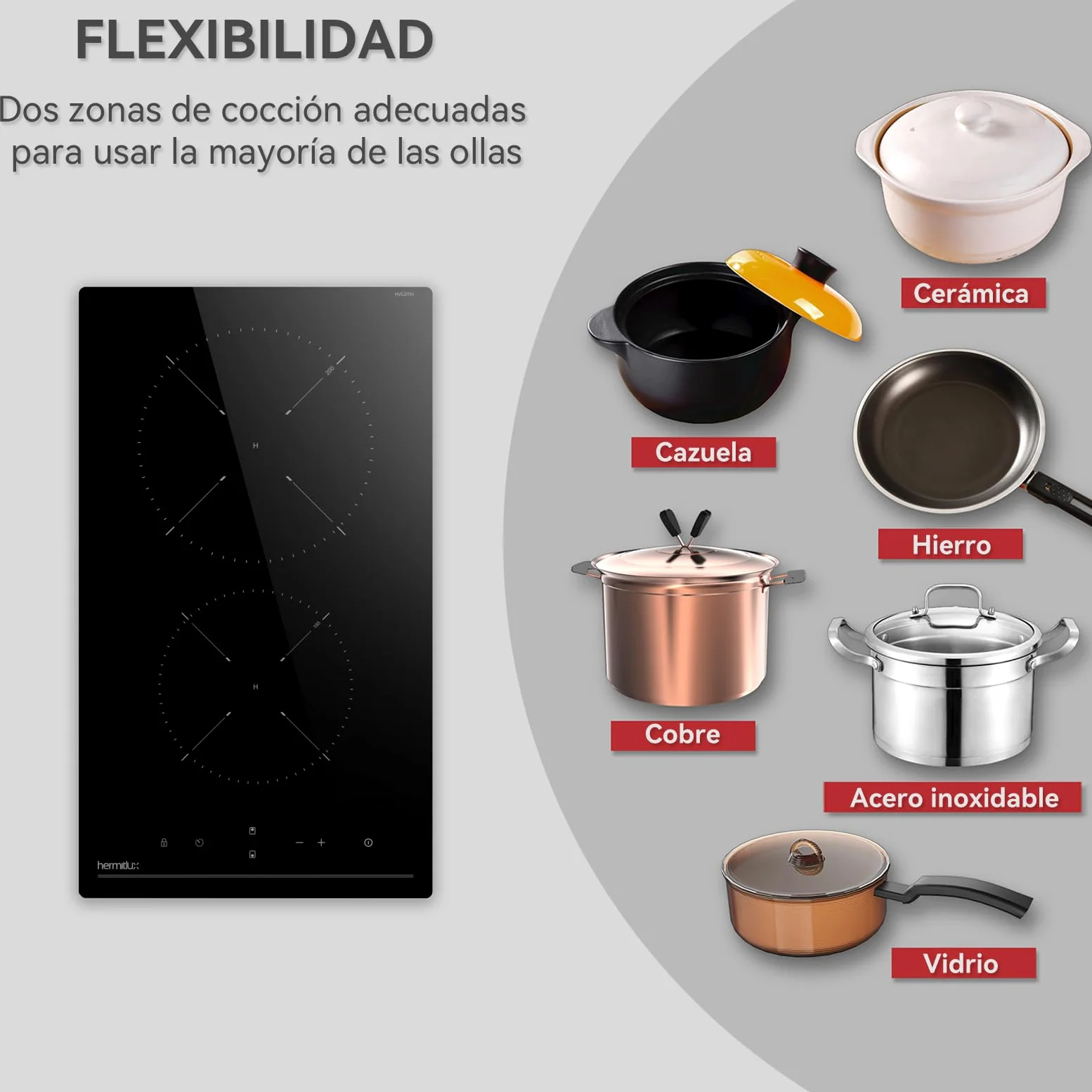 Hermitlux placa vitrocerámica 2 fuegos Compatible con Todos Utensilios | 3300W,30CM 9 niveles de potencia, control táctil, temporizador, seguro para niños, apta para todo tipo de sartenes