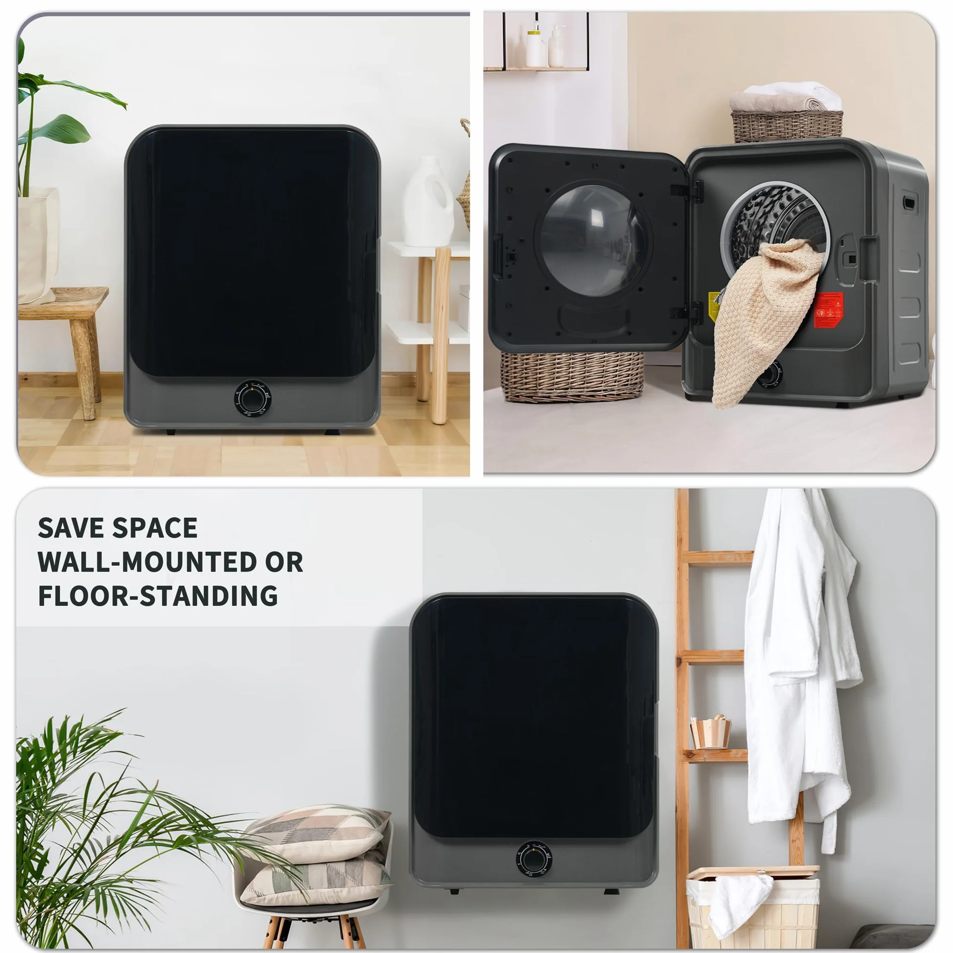 Secadora de Evacuación 4,5 kg con 5 Programas, Carga Frontal Secadora de Ropa 830 W, Montable en la Pared Secadora de Ropa con Tambor Inox, para Piso, Casa, Mobil Home, 60x50x44 cm (Gris)