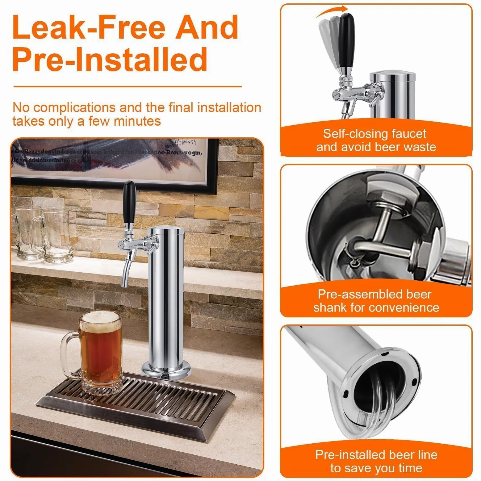 Torre Kegerator ajustable, piezas de Kegerator de un solo grifo | Control de flujo, grifo de cerveza de núcleo de acero inoxidable 304, incluye tubo premontado y resortes de cierre automático