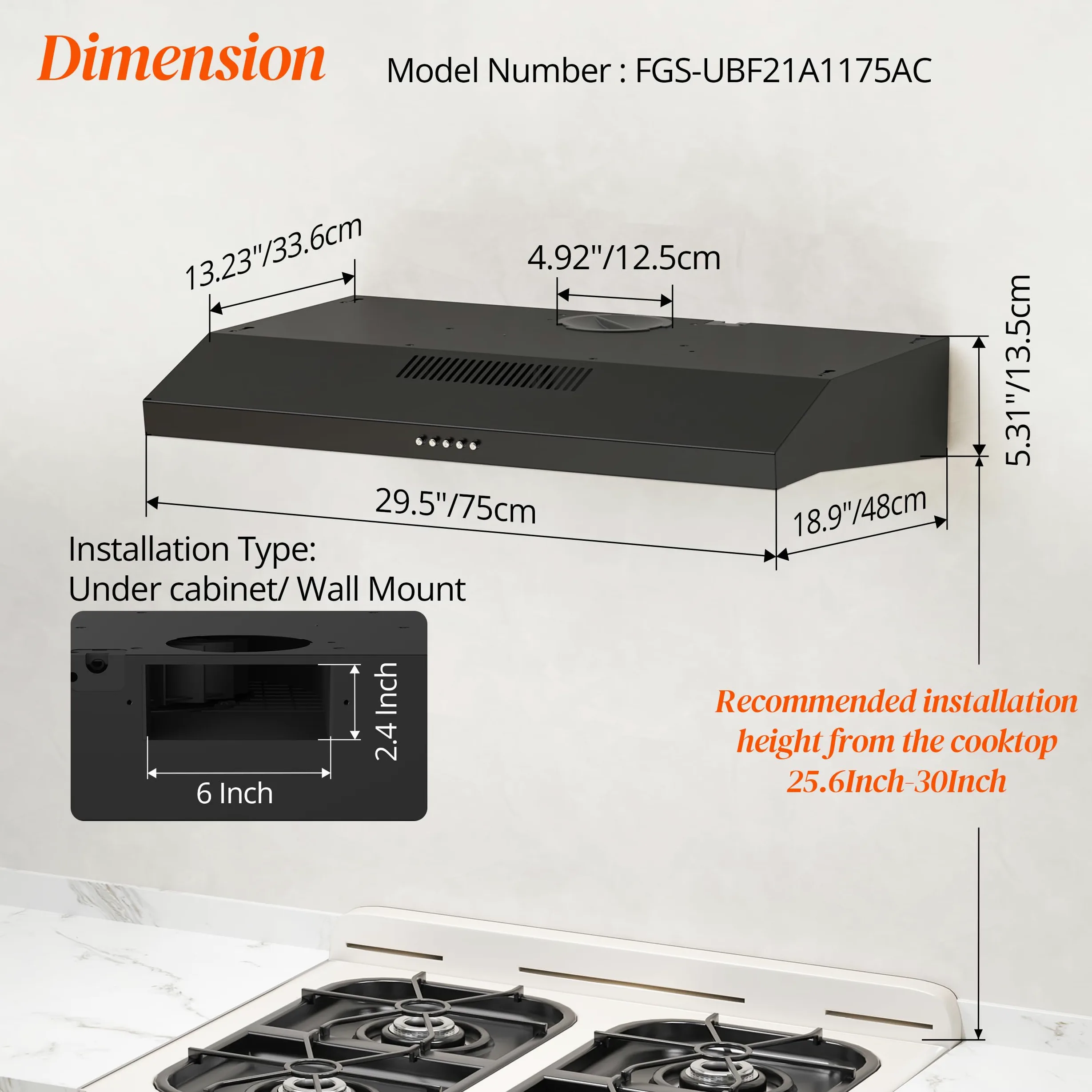 FIREGAS - Campana extractora negra de 30 pulgadas debajo del gabinete, campana de cocina convertible sin conductos, 300 CFM, ventilador de escape de 3 velocidades, motor DC sin escobillas, rejillas de