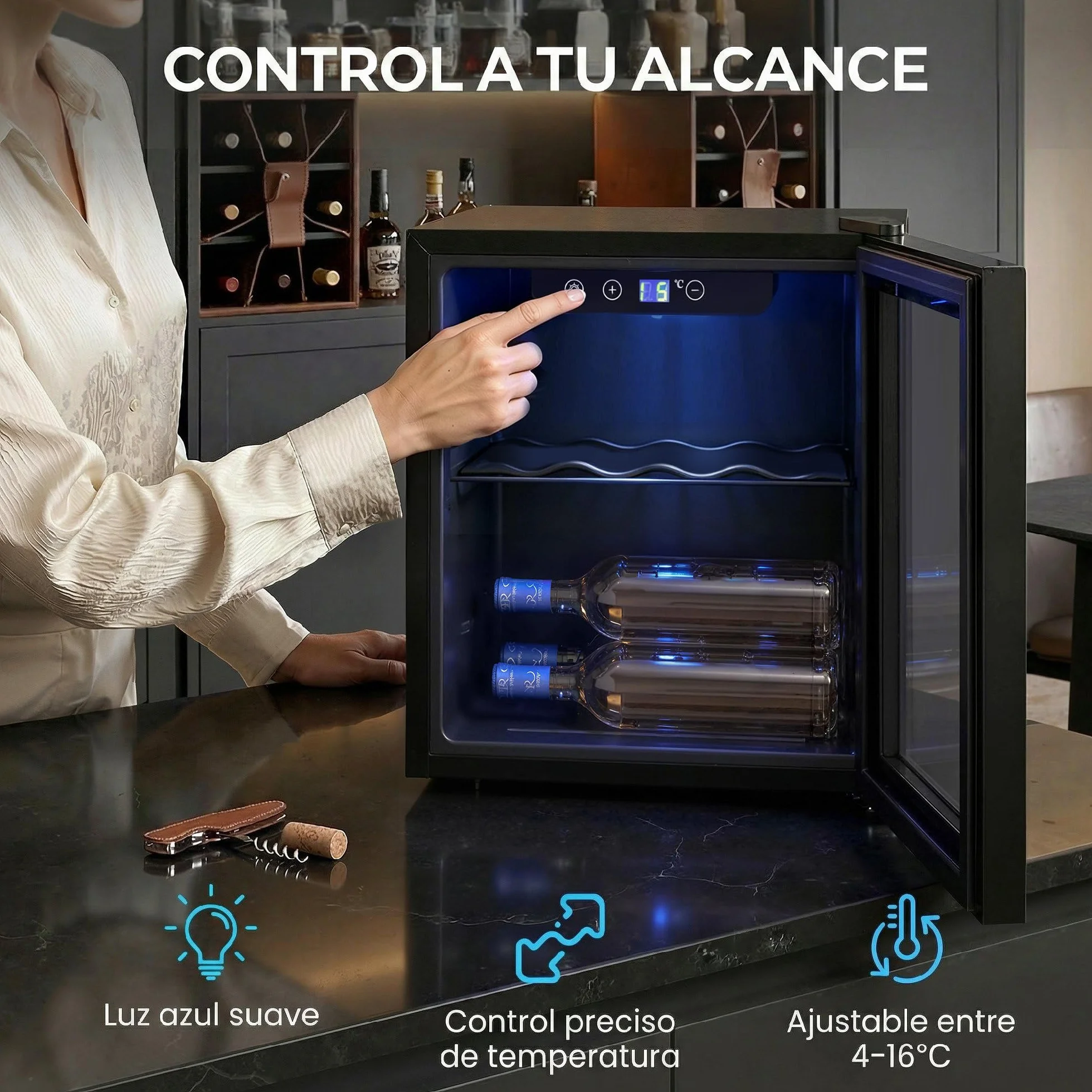 HOMCOM Vinoteca 12 Botellas, Nevera para Vinos con Capacidad de 36 L, Temperatura Ajustable 4-16℃, Puerta de Vidrio, Luz LED, Pantalla Táctil Digital, para Bebidas, Negro