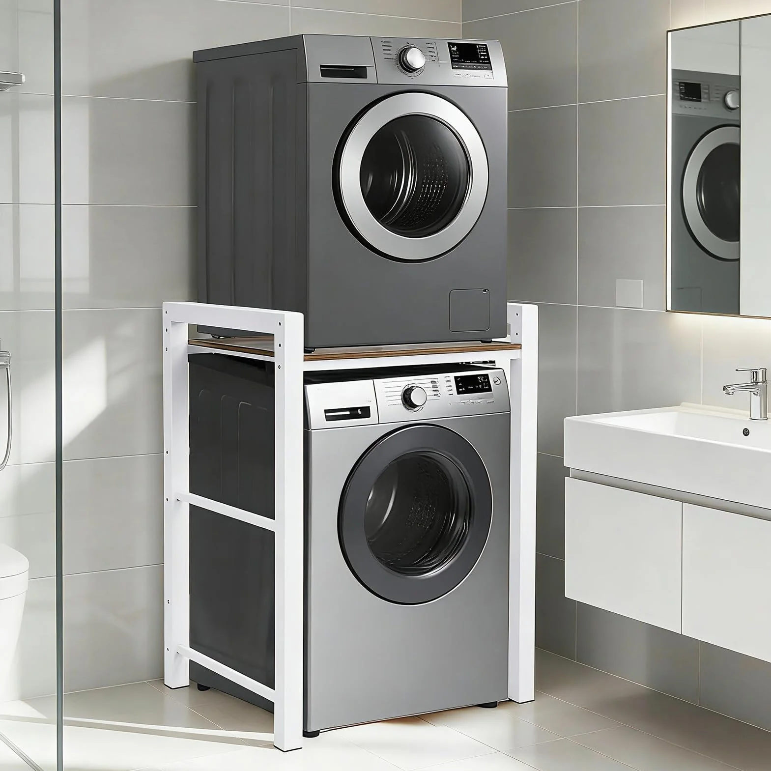 Mueble para Lavadora, Mueble para Lavadora y Secadora - Carga 350kg, Soporte Secadora Sobre Lavadoras - Ajuste de Altura de 3 Niveles, Armario Lavadoras Secadoras para Baño Balcón Lavandería (Blanco)