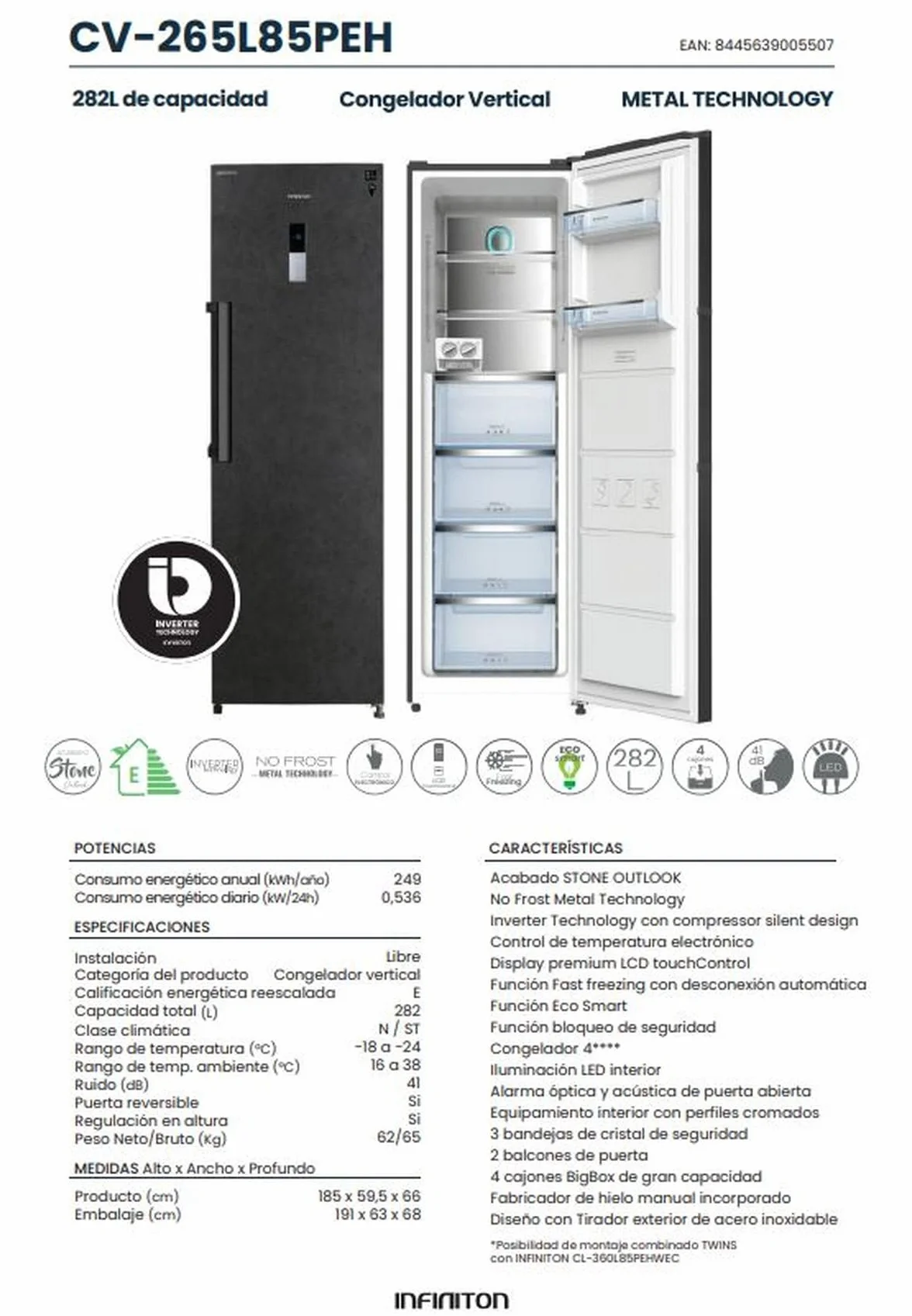 INFINITON Congelador Vertical CV-265L85PEH, 282 L, No Frost, Inverter, Acabado STONE OUTLOOK, Puerta Reversible, Fabricador de hielo manual incorporado, E, Tirador exterior de acero inoxidable