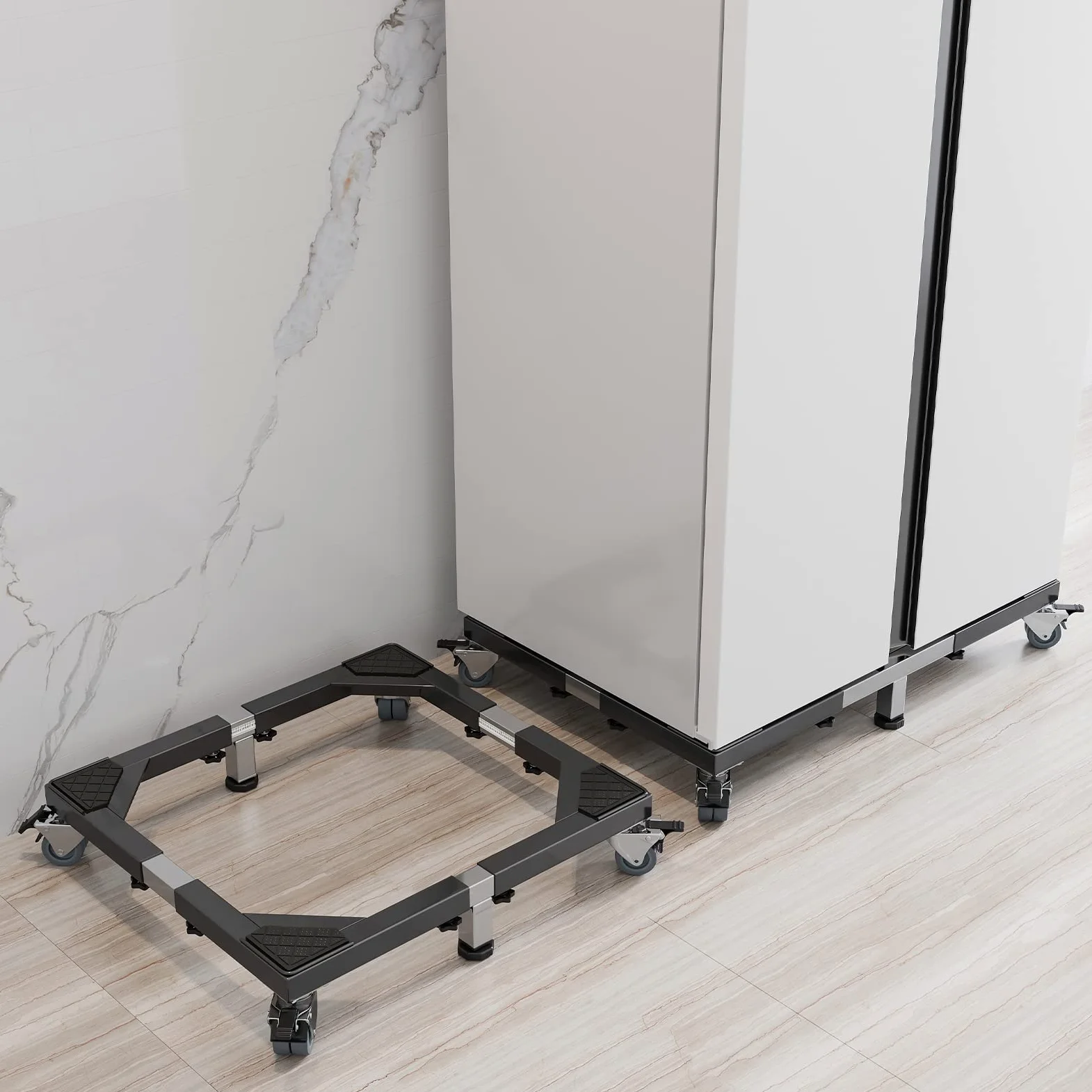Chinchilla Base móvil de acero inoxidable resistente para nevera, soporte de lavadora con ruedas, plataforma ajustable para lavadora, nevera y secadora (grande