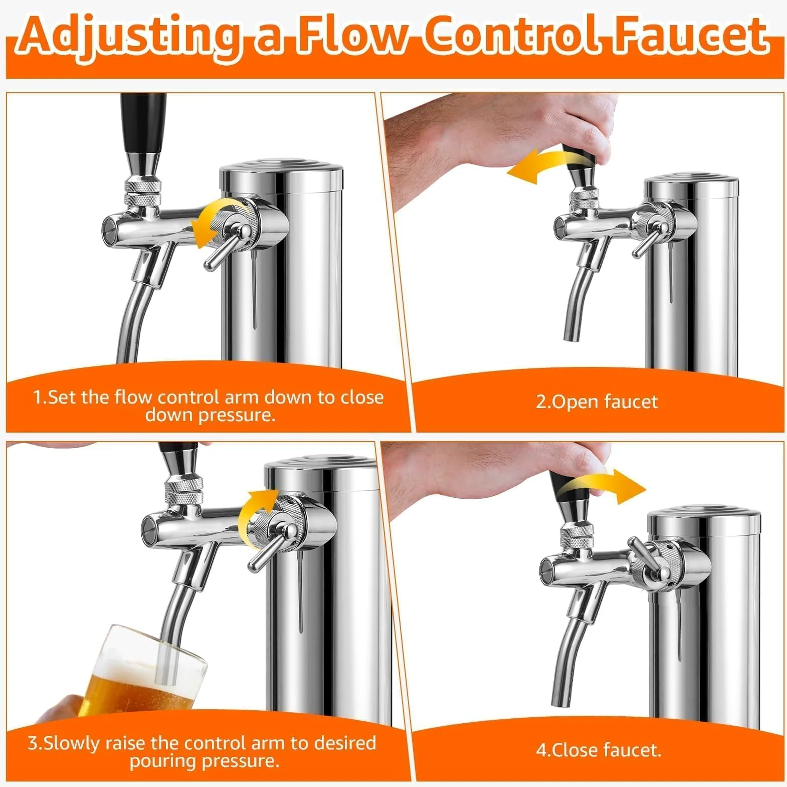 Torre Kegerator ajustable, piezas de Kegerator de un solo grifo | Control de flujo, grifo de cerveza de núcleo de acero inoxidable 304, incluye tubo premontado y resortes de cierre automático