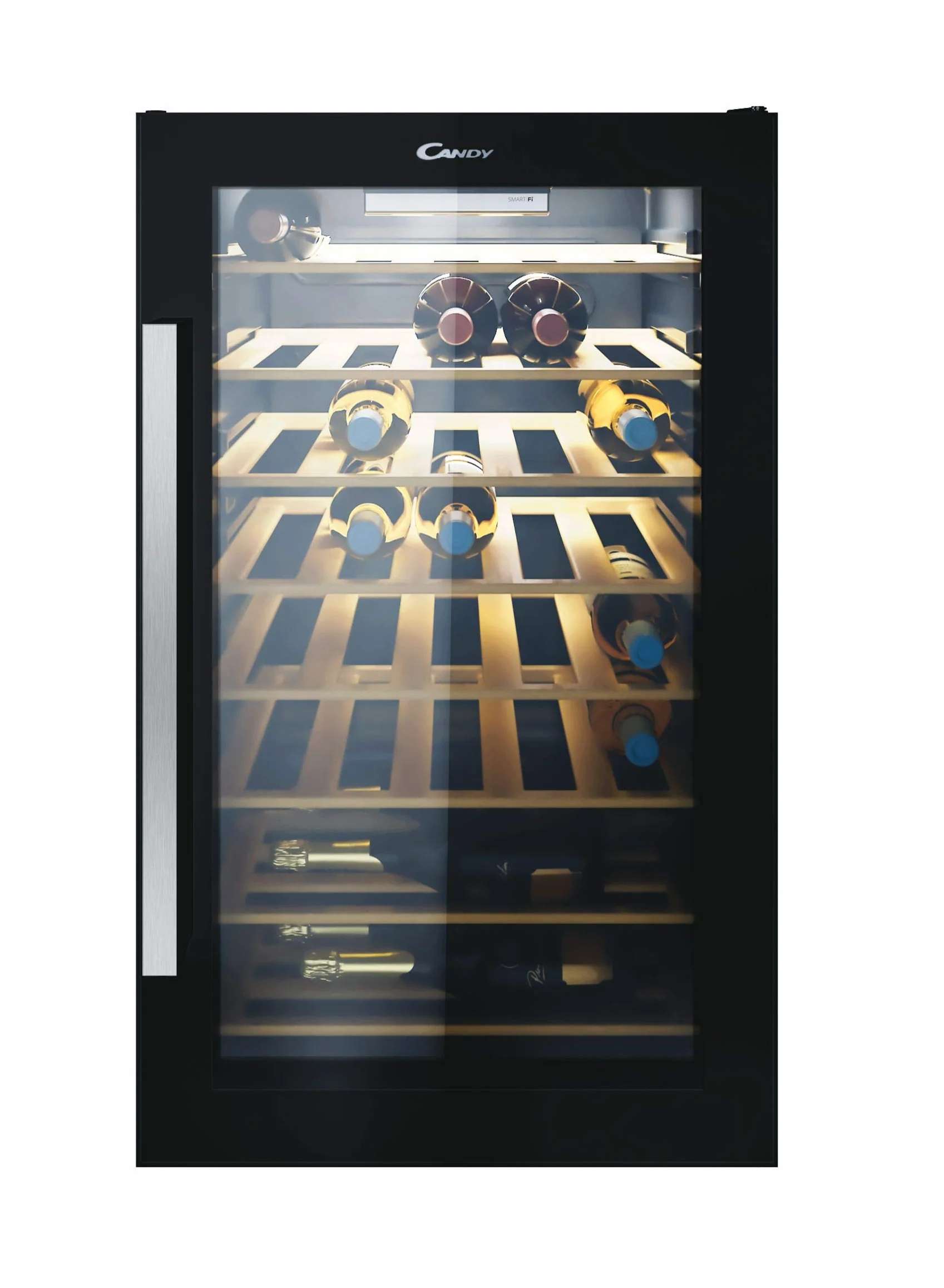 Candy CWC 154 EEL/N, Vinoteca, Capacidad 41 botellas, Wi-Fi, Luces LED, Baldas madera, Tratamiento anti uv, Puerta doble cristal reversible, 39dba, Clase A, Negro, 41 botellas plus Wi-Fi