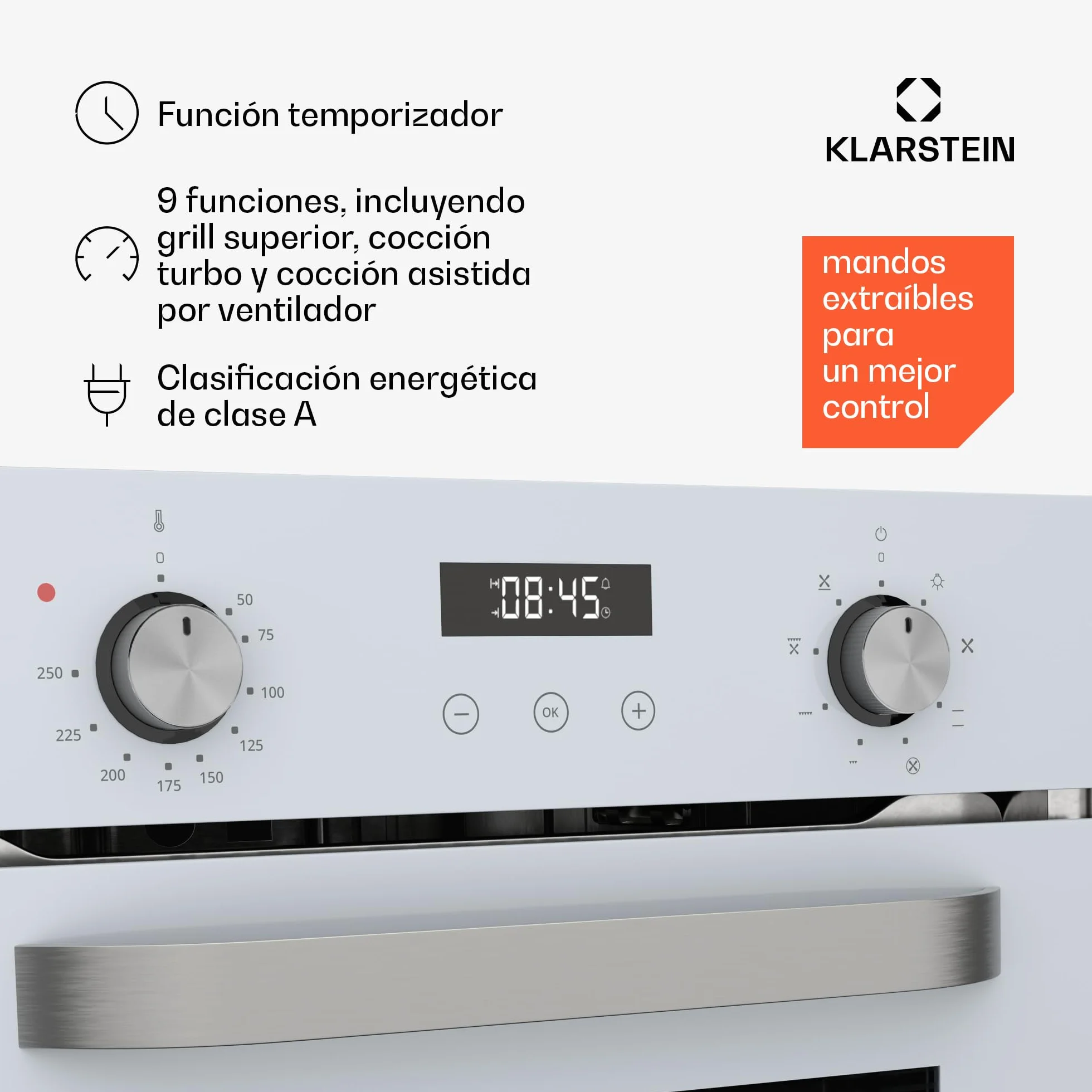 Klarstein SmartSlim Horno Eléctrico Empotrable 49L 9 Funciones Grill Ventilado Cristal Negro Clase A 45 cm