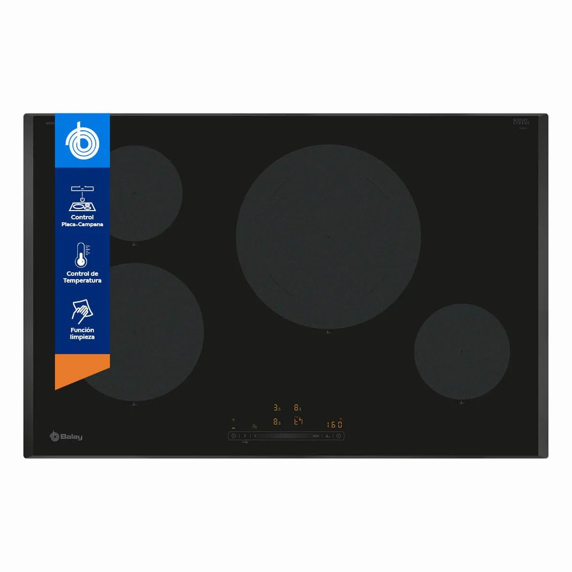 Balay - Placa de Inducción, 80 cm de ancho, 4 zonas l Lanzamiento 2024, 11 Niveles, Zona de 28 cm, Negro, 3EB985LH