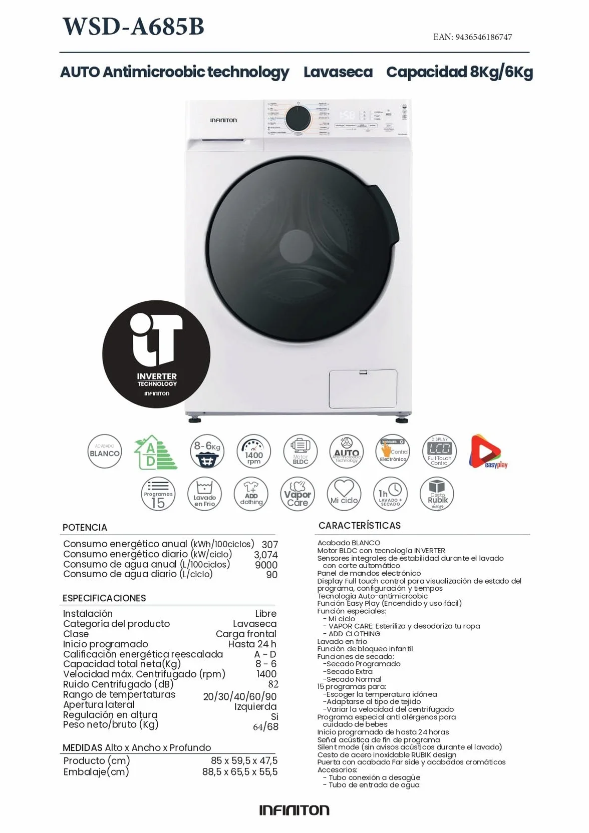 Lavadora-Secadora INFINITON WSD-A685B Carga Frontal 8/6 kg 1400 rpm INVERTER