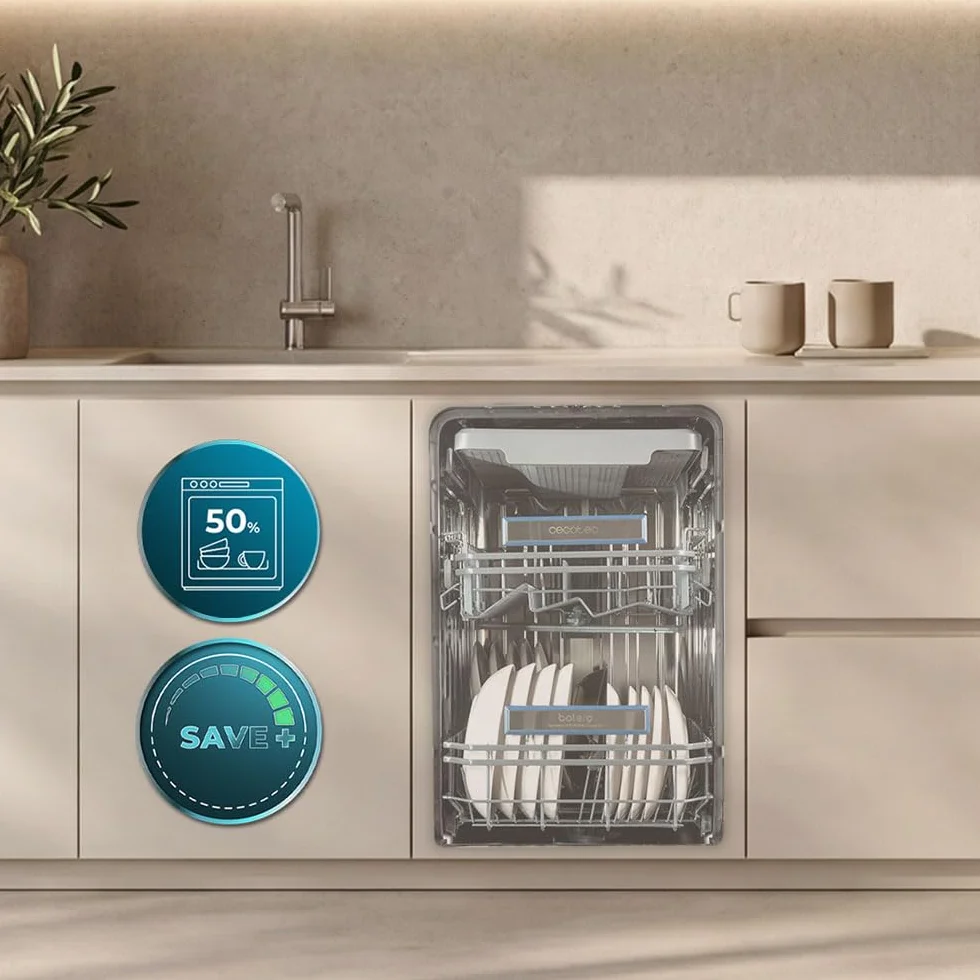 Cecotec Lavavajillas 45 cm Integrable Bolero Aguazero 45100 Full-BI Connected. 11 Cubiertos, 10 Programas, Inverter Plus Duo, Panel Táctil, WiFi, Smart Wash, O2Dry, Super Dry, FloorView Light
