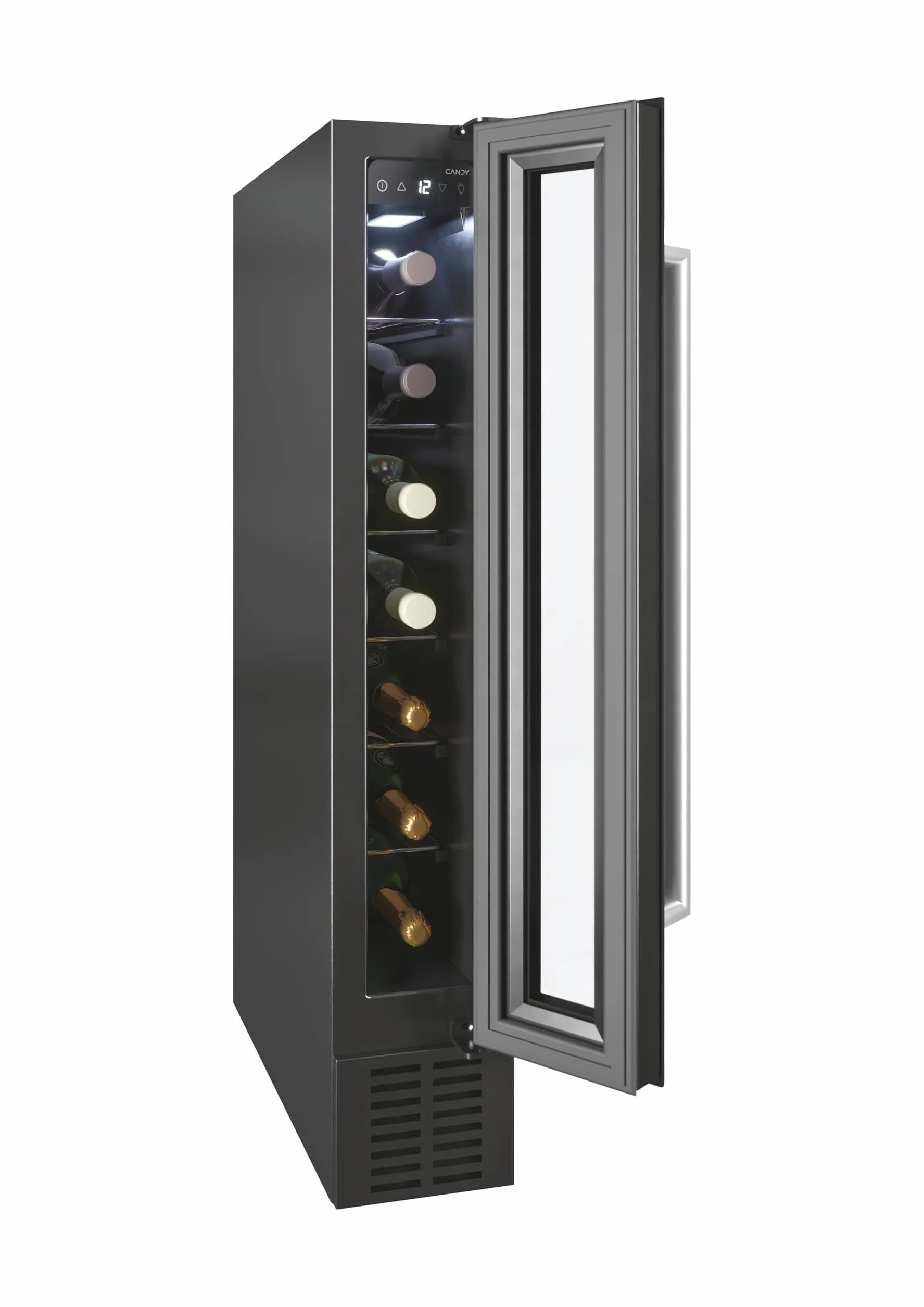 CANDY DiVino CCVB 15/1, Vinoteca Integrable Estrecha, 20L, 7 Botellas, Puerta Reversible, 6 Baldas, Tratamiento Anti-UV, Compresor Antivibraciones, LED, Temperatura 5º a 18º, 39DB, Clase C, Negro