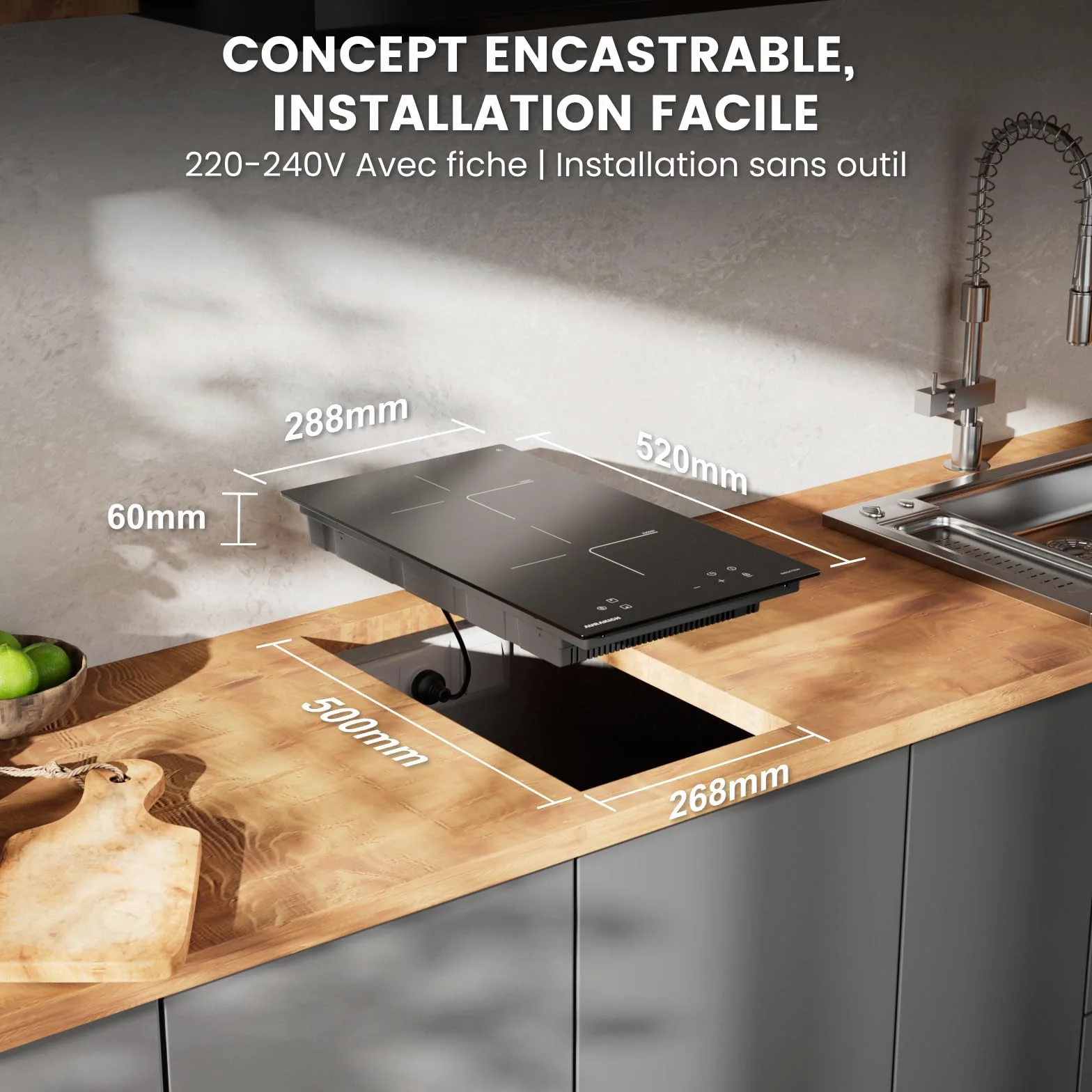 Placa de inducción con 2 fuegos, placa de cocción eléctrica empotrable, 3800 W, cristal antiarañazos con rascador, temporizador de 1 a 99 min, Boost, seguridad infantil, 2 años