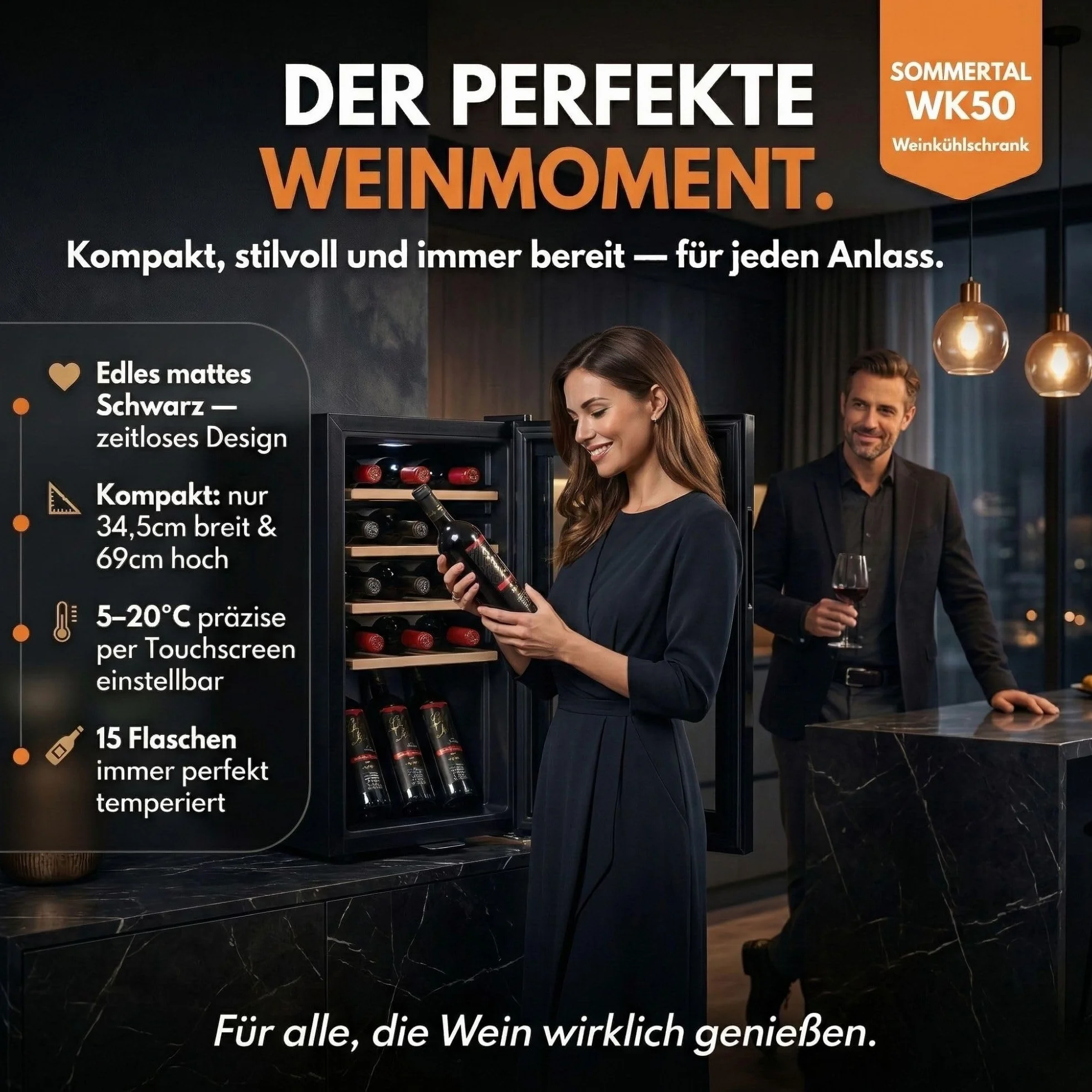 Sommertal WK50 - Nevera para vino con puerta de cristal (15 botellas, 5 – 20 ºC, ajustable, con cerradura, iluminación LED, puerta de cristal, pantalla táctil, 4 estantes de madera, silencioso, ahorro