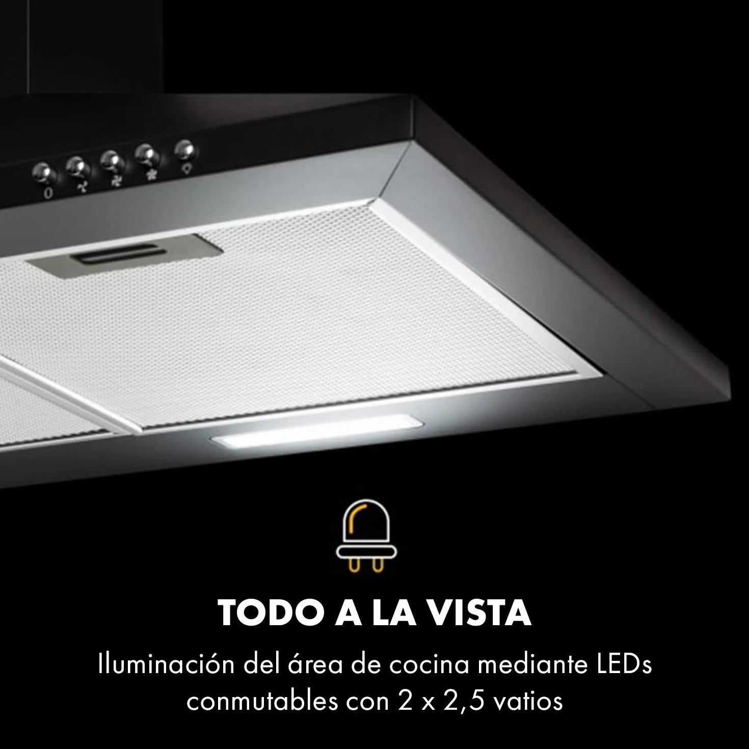 Klarstein Zugspitze 90 Campana extractora - Extractor de pared, Extractor de humos, 65 W, Absorción de 310m³/h, Ventilación y absorción, Iluminación LED de la cocina, Filtro de grasa, Negro