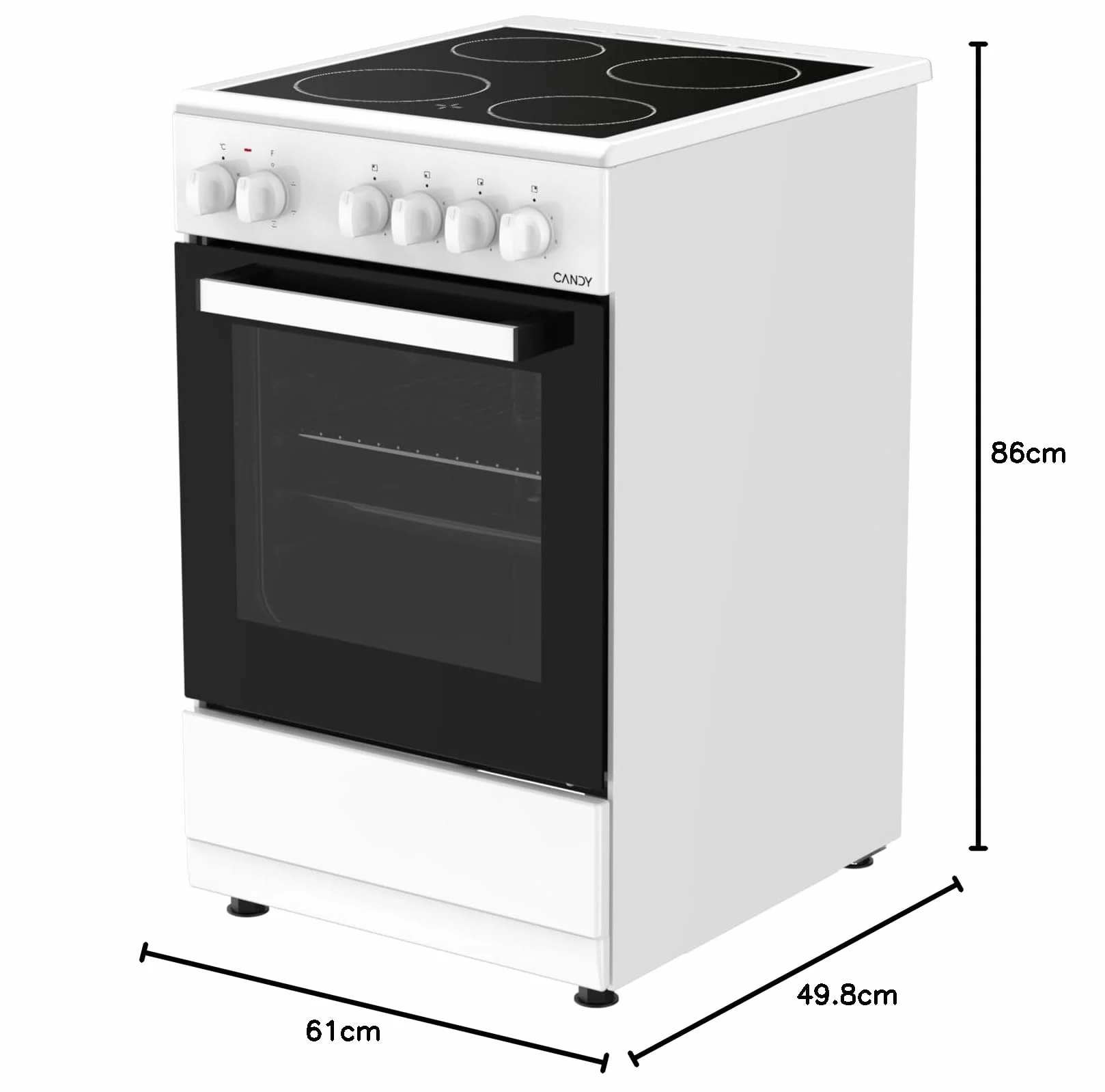 Candy CVE5436FEEW/E Cocina Libre Instalación 50cm, Horno Multifunción 43L con 6 Funciones, Vitrocerámica 4 Zonas, Mandos Independientes 4 para Vitrocerámica y 2 para Horno, Blanco