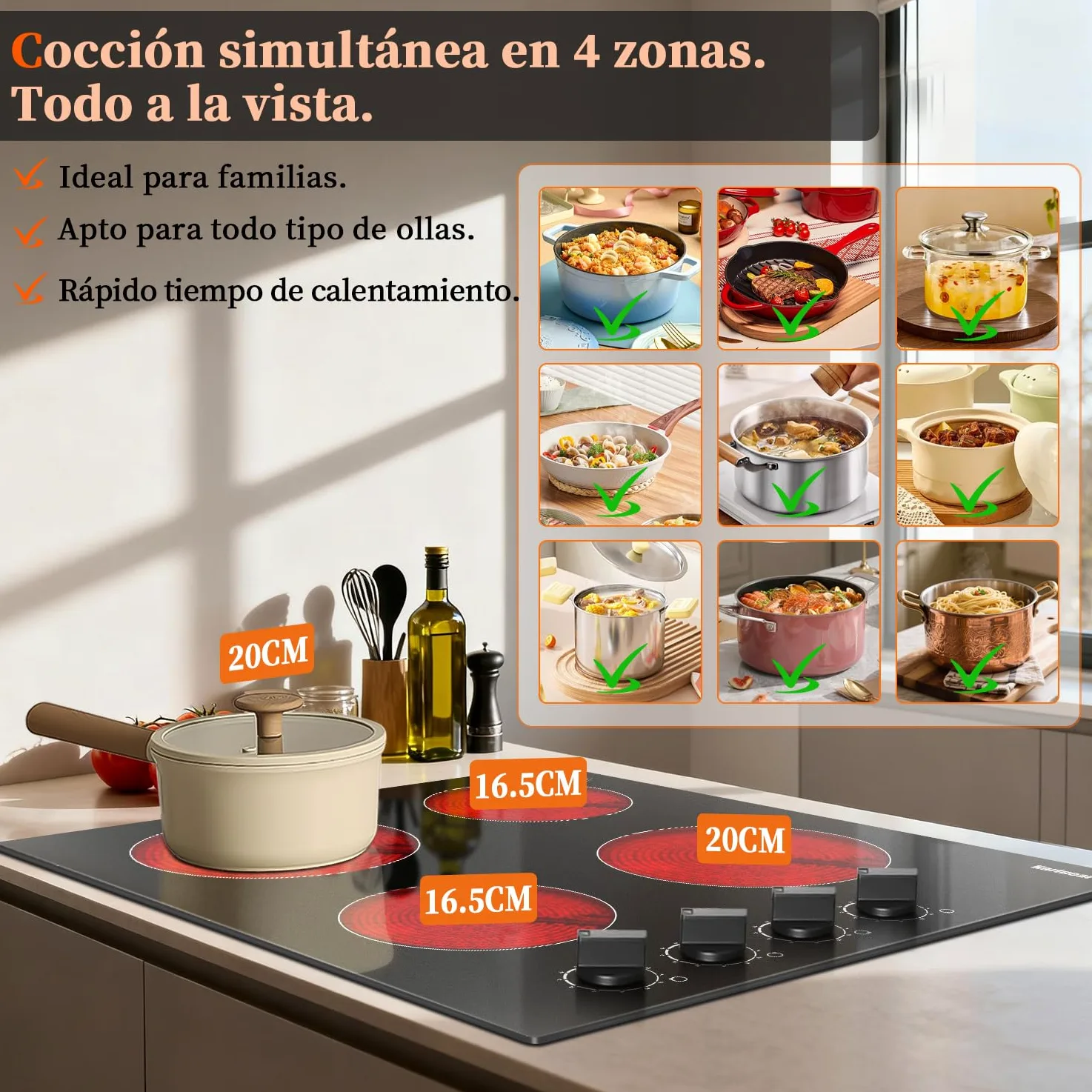 Karinear Placa Vitroceramica 4 Fuegos 60 CM con Mandos Manuales, 6000W | 9 Niveles de Potencia, 4 Placas con Niveles de Potencia, Compatibilidad Universal de Ollas, Apagado Automático, sin Enchufe