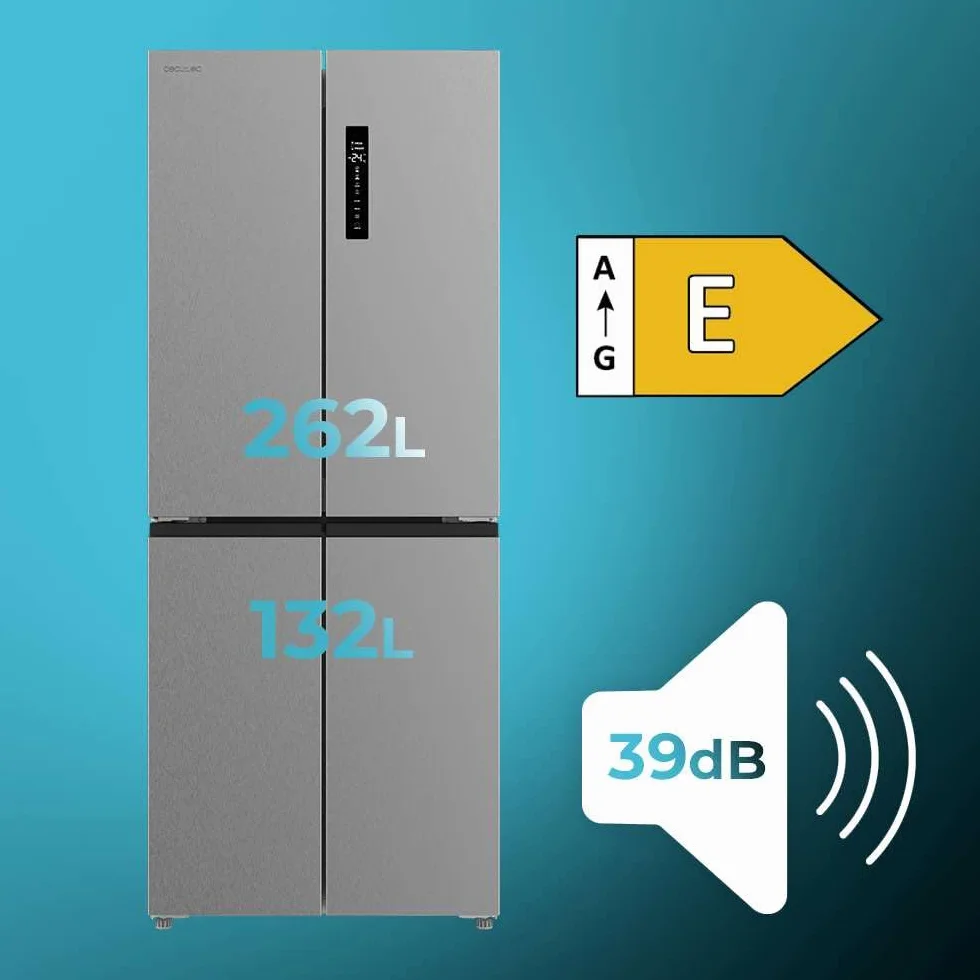 Cecotec Frigorífico 4 Puertas Total No Frost 394L Bolero CoolMarket 4D 394 Inox E. Alto 176cm y 70cm Ancho, Cajón Temperatura Variable, Compresor Inverter, ATT Antibacterias