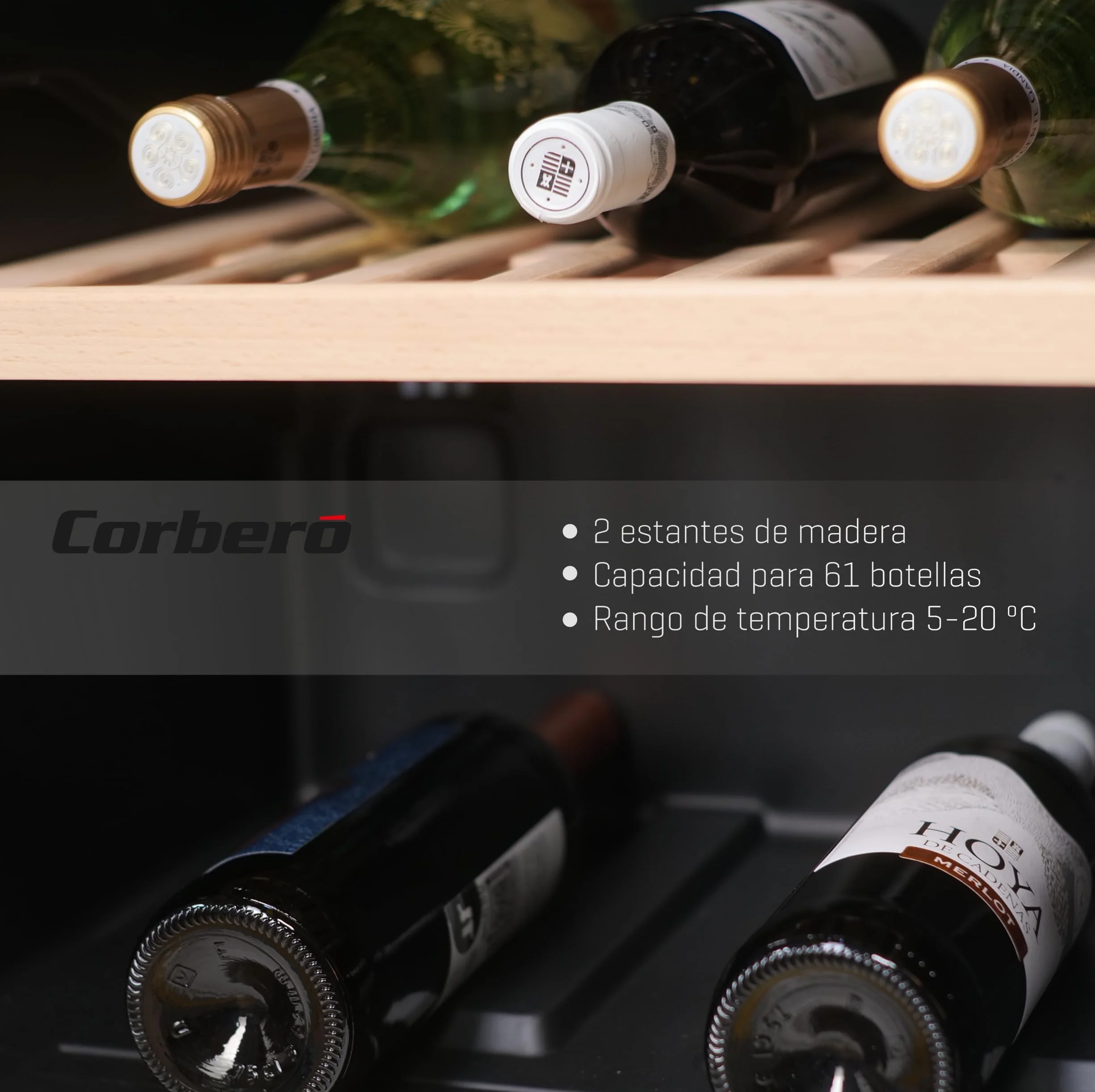 Corberó - Vinoteca CFKWC61SW | 126L | 61 Botellas | Puerta Cristal | Display LED | 2 Estantes Madera | Rango Temperatura 5-20ºC | Nevera para vinos | Negro