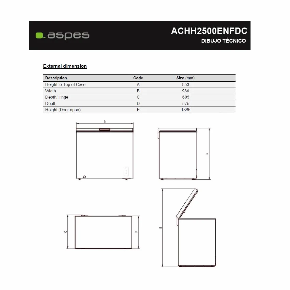 Aspes Congelador Horizontal Horeca Blanco ACHH2500ENFDC. Capacidad 233 Litros, Dual Cooling, 1 Cesta, Bajo Nivel Sonoro, Eficiencia Energética Clase E