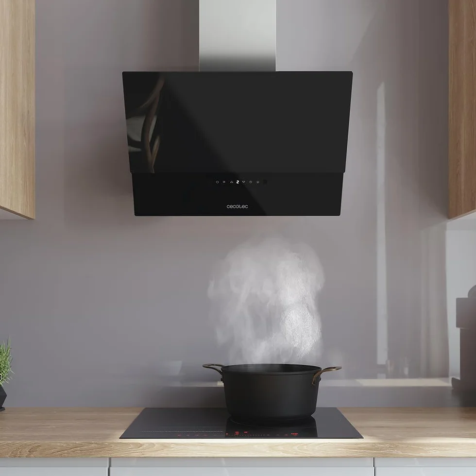 Cecotec Campana Extractora Decorativa 60 cm Bolero Flux DT 608001 Glass Black A++, 210W, Iluminación LED, Succión 800m3/h, Control Táctil, 3 Niveles, Filtro Carbono, Hand Movement, Delay Function