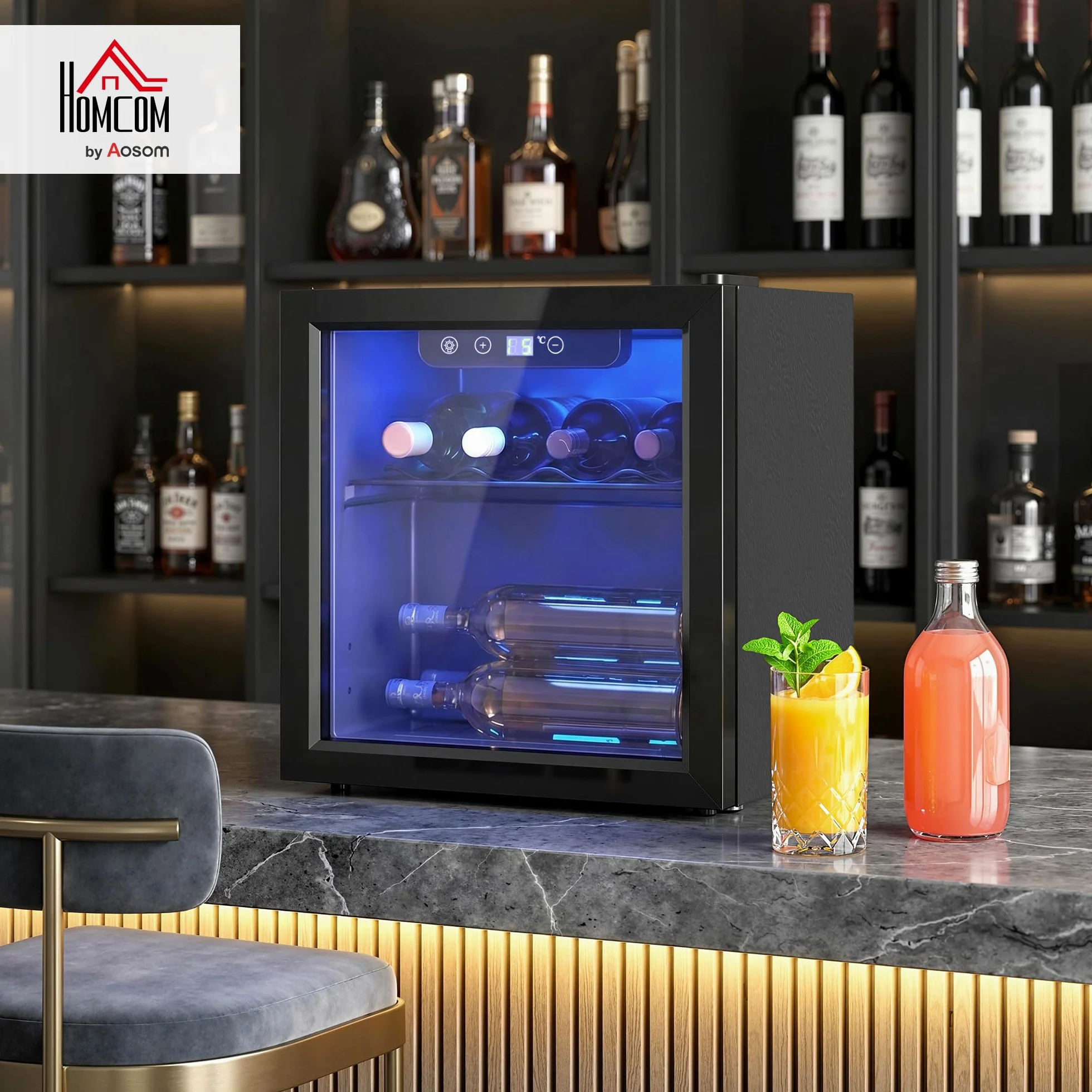 HOMCOM Vinoteca 12 Botellas, Nevera para Vinos con Capacidad de 36 L, Temperatura Ajustable 4-16℃, Puerta de Vidrio, Luz LED, Pantalla Táctil Digital, para Bebidas, Negro