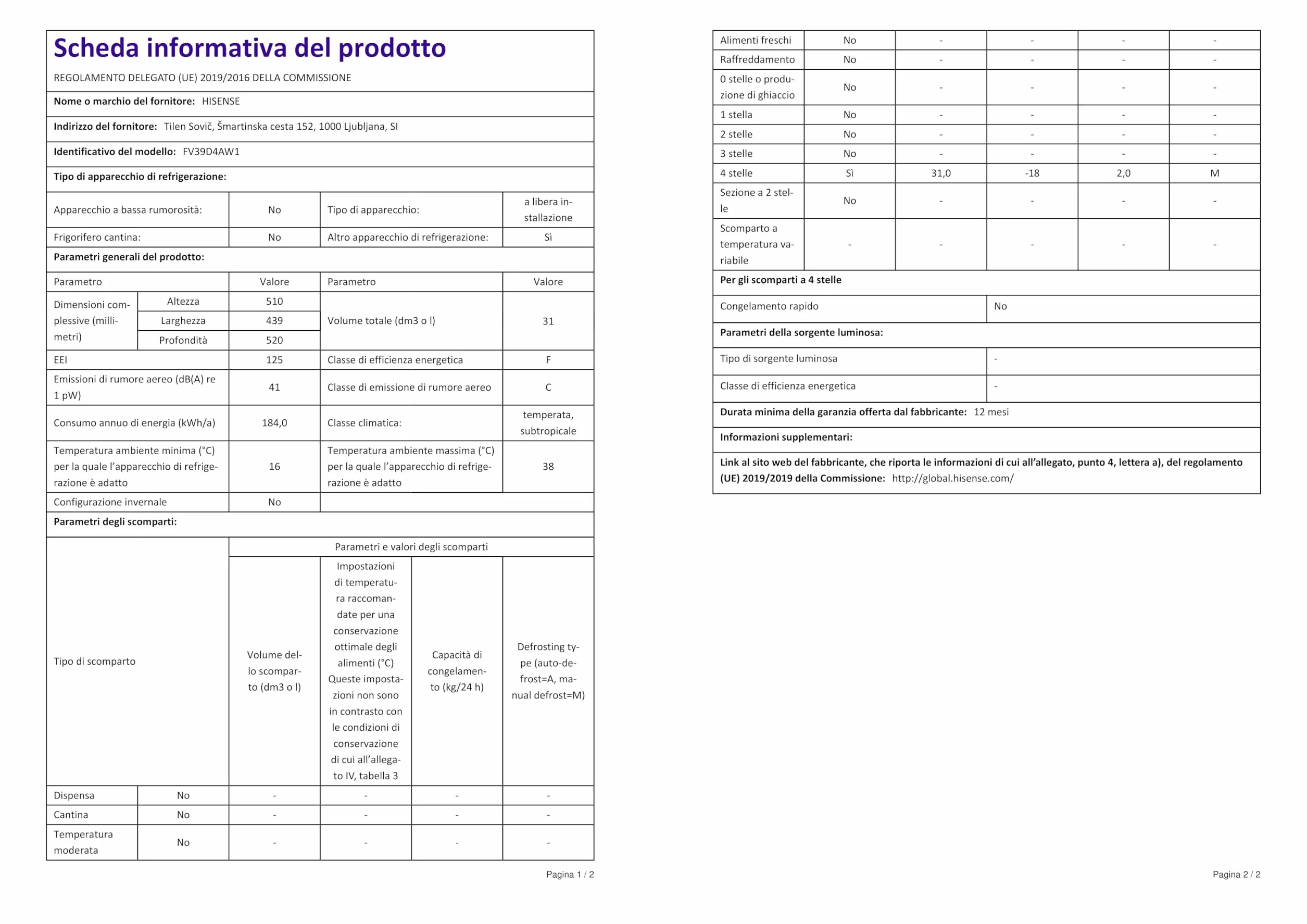 Hisense FV39D4AW1 Mini Freezer Box, 47 x 43,9 x 51 cm, 30 litros, 40 decibelios