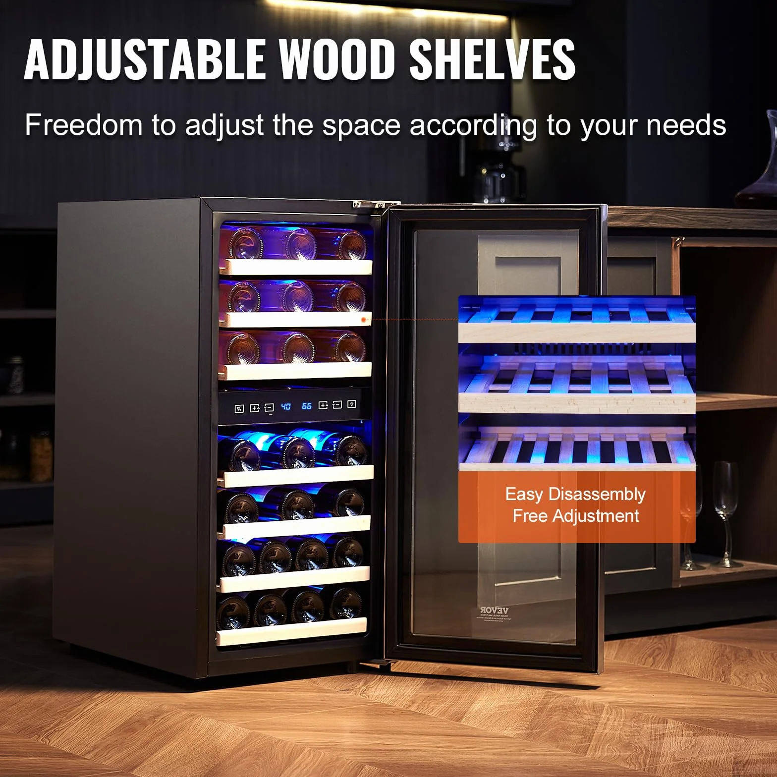 VEVOR Enfriador de Vino para 33 Botellas de Doble Zona y Temperatura, Independiente con Refrigeración por Aire Circulante y Control Digital, Puerta de Vidrio Templado Protección UV, 395 x 580 x 840 mm