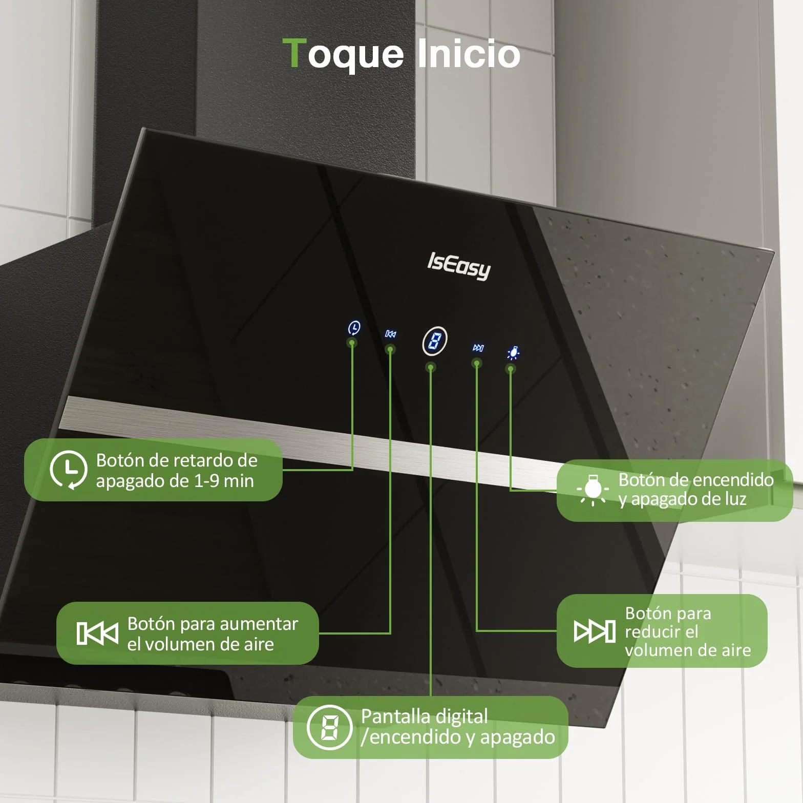 Campana Extractora 60cm 578 m³/h 4 Niveles Control Táctil Negro