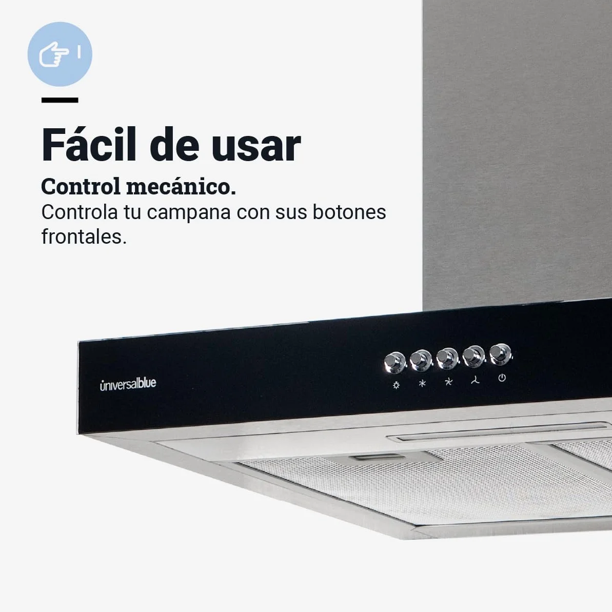 UNIVERSALBLUE Campana Extractora Decorativa 60 cm | Extractor Aire Eléctrico Cocina Cristal Negro Acero Inoxidable | 650 m³/h | Clase A | Filtro Carbono