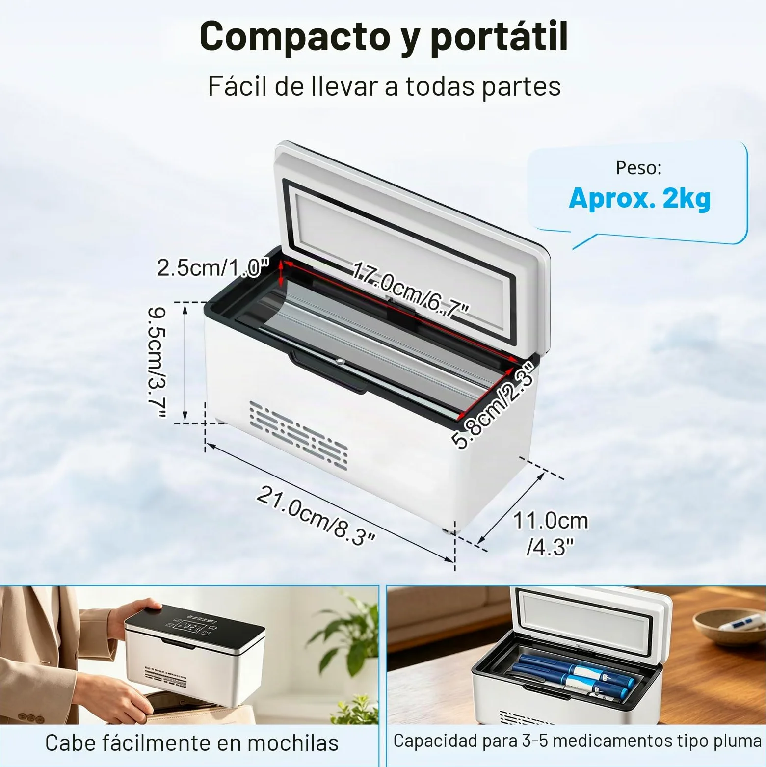 Nevera Insulina Viaje, Nevera Medicamentos Portátil Electrica, 2 a 8 ℃ | Mini Enfriador de Insulina, Temperatura Ajustable, con Dos Baterías de 10200 mAh para Uso en Hogar, Viajes y Automóvil