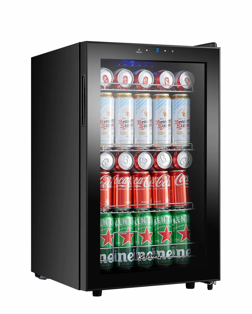 Kalamera KRC-68GE Refrigerador para bebidas, nevera pequeña para botellas con panel de control táctil, zona de enfriamiento de 3-18 °C, nevera de cerveza, 68 litros, 38 dB, luz interior LED azul