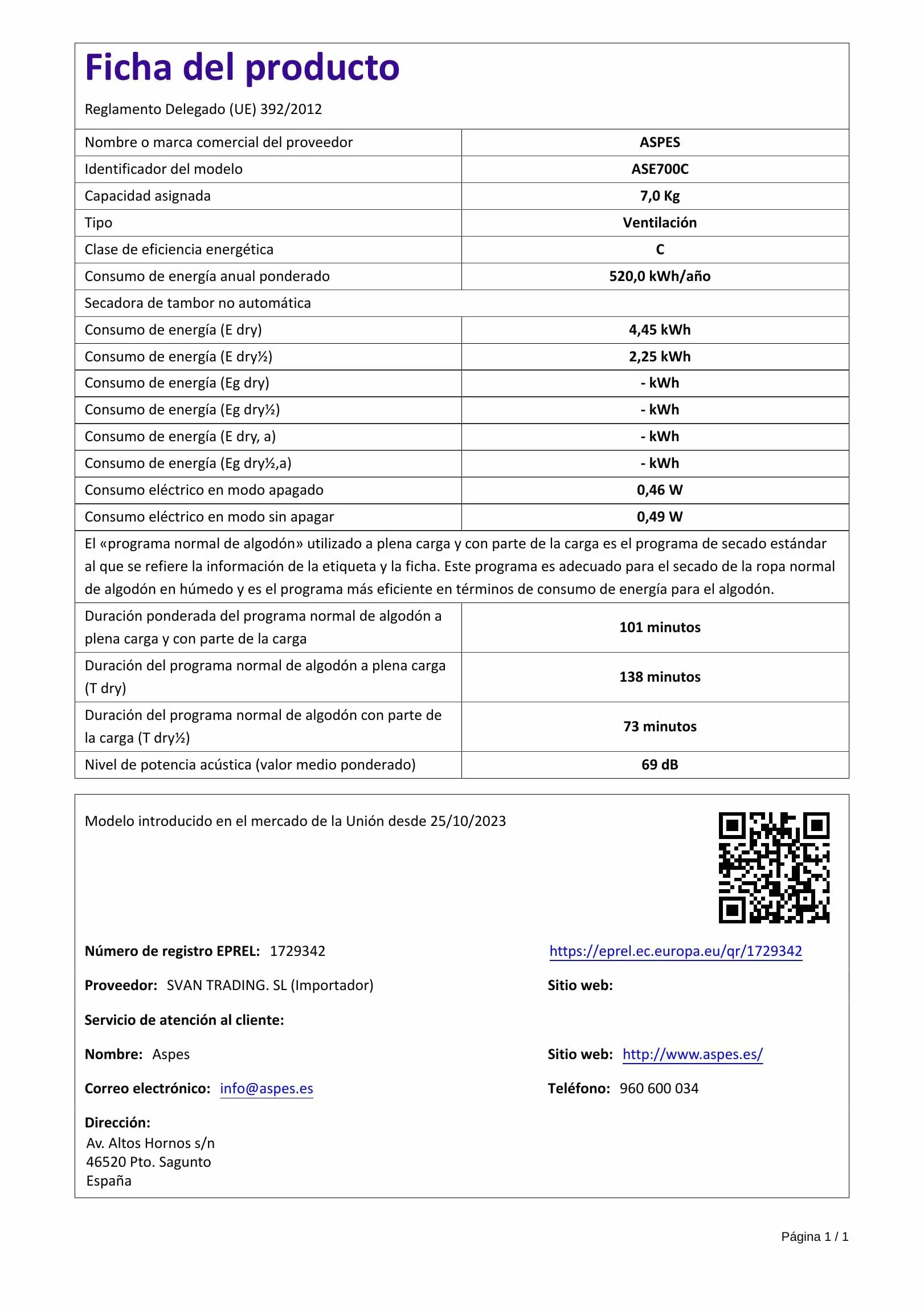 Aspes Secadora de Evacuación 7Kg Carga Frontal Blanco ASE700C. 2000W, 16 Programas, Función Antiarrugas, Función Antiarrugas, Display LED manual, Eficiencia Energética Clase C