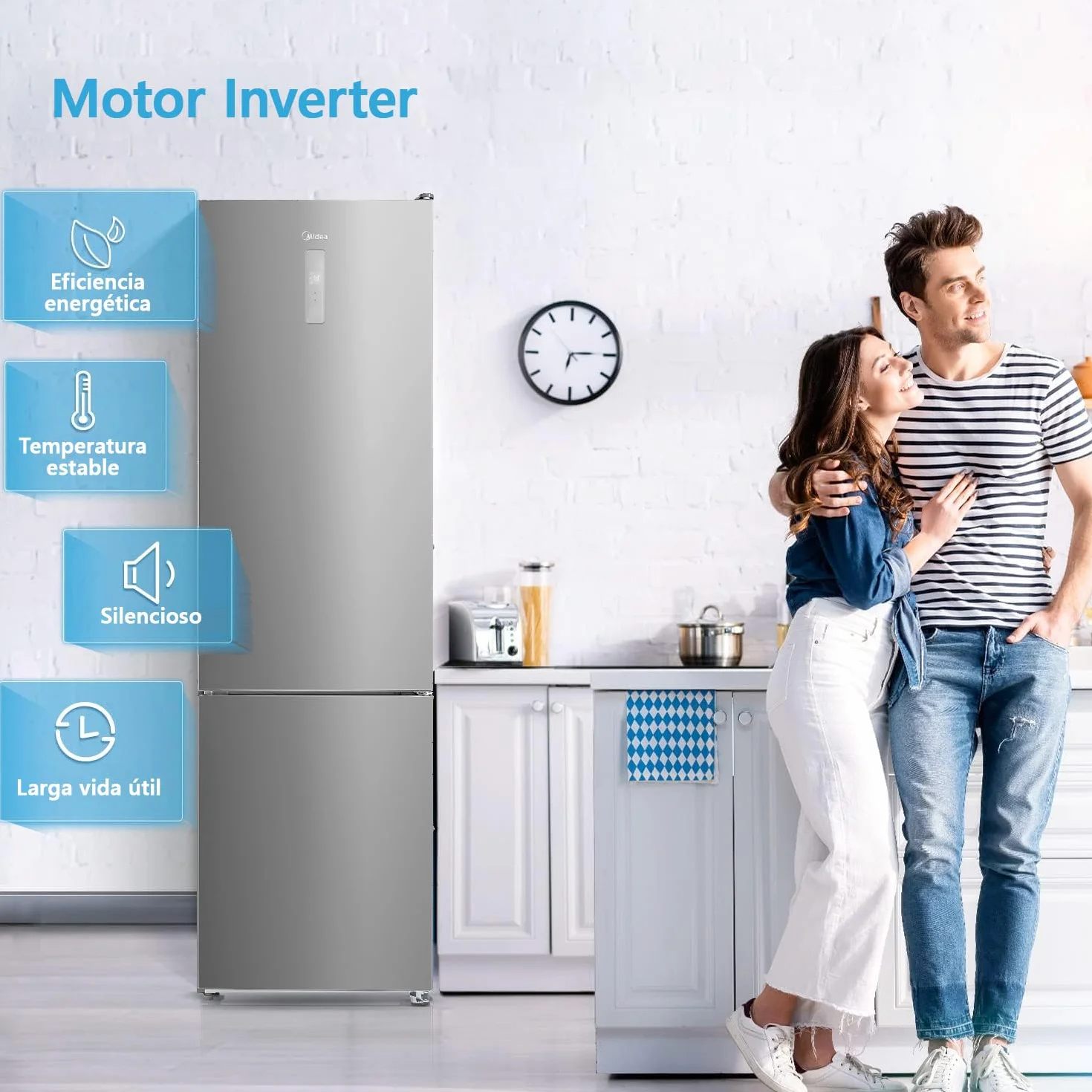 Midea Frigorífico Combi No Frost | 59,5 cm ancho x 201 alto cm | Inox | Nevera libre instalación 247 L + 83 L Congelador - Refrigerador de bajo consumo con congelador vertical