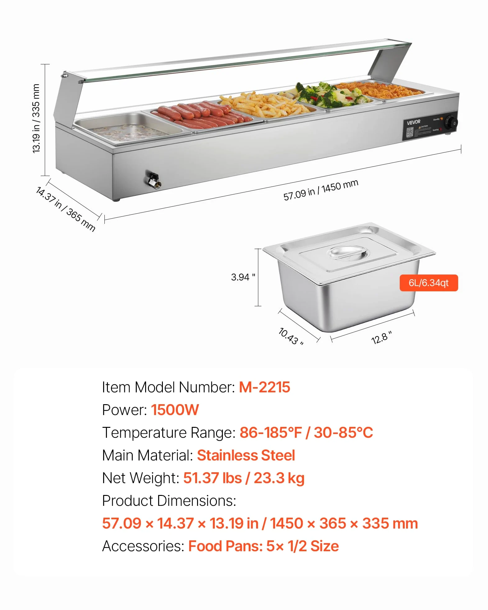 VEVOR Calentador de Alimentos Eléctrica, con Tapa de Vidrio y 5 Recipientes, 1,5 kW, de Acero Inoxidable, con Baño María, para Restaurantes, Fiestas y Bufés, 30-85 ℃, 1450 x 365 x 335 mm, Plata