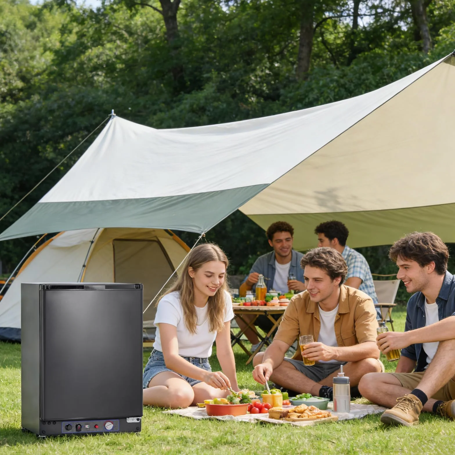 SMETA Nevera Pequeña 12V 220V Gas, Nevera Trivalente 60L para Furgoneta, Nevera de, Camper, Caravana, RV, Camión, Yate, Mini Frigorífico Silencioso, Negro