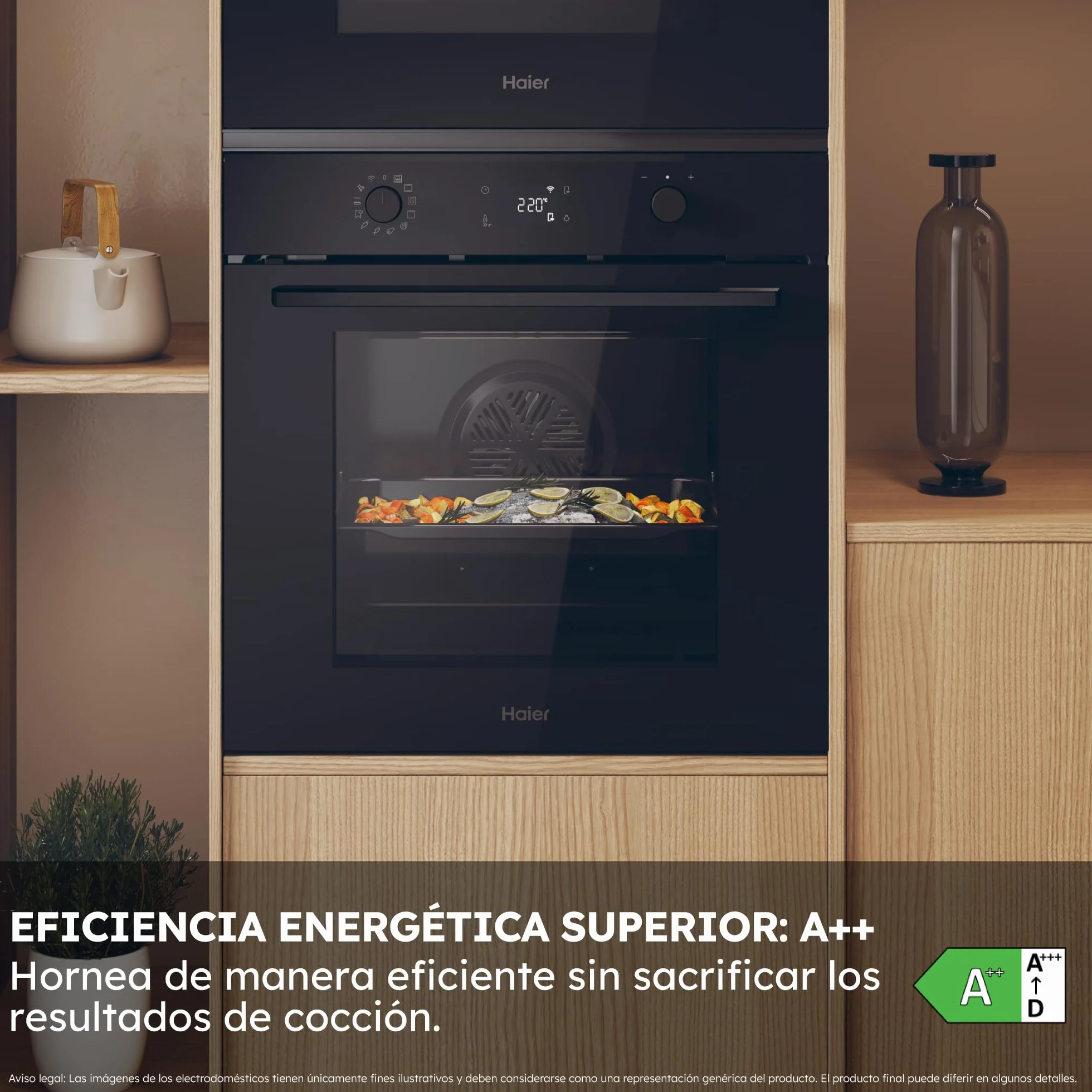 Haier ID Series 2 H6 ID2P5B3YTB - Horno Multifunción Pirolítico e Hidrolítico, Conectividad WIFI, 78L, Cocción multinivel, 12 Funciones, Display táctil y Mandos giratorios, Guía Telescópica, Negro