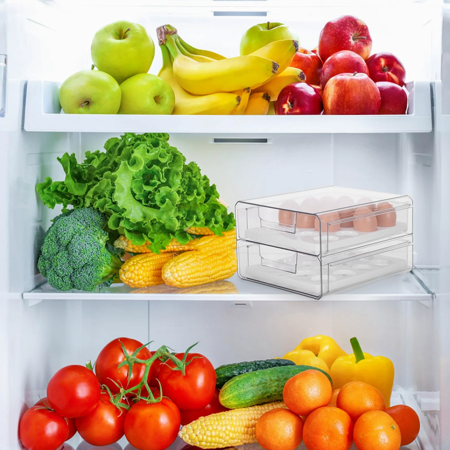 Huevera Transparente para Refrigerador de Plástico 2 Cajones, 32 Huevos | Doble Capa Orificios, Apilable y Deslizable, para Cocina y Frigorífico