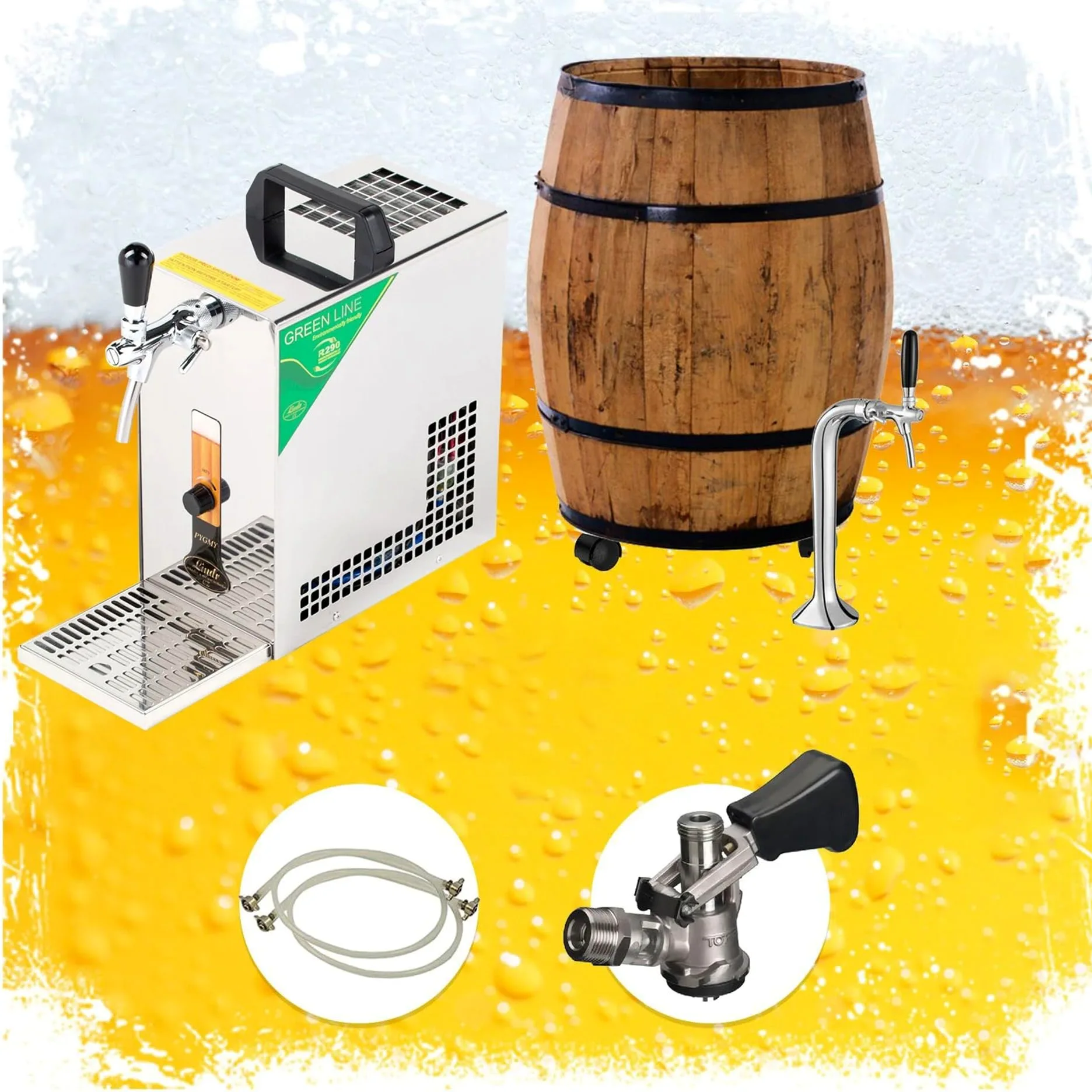 Kit completo de sistema de tiro de cerveza, barra móvil Barrique con enfriador Pygmy 25/K, bomba de membrana, grifo y columna cromados, 230V, tipo S