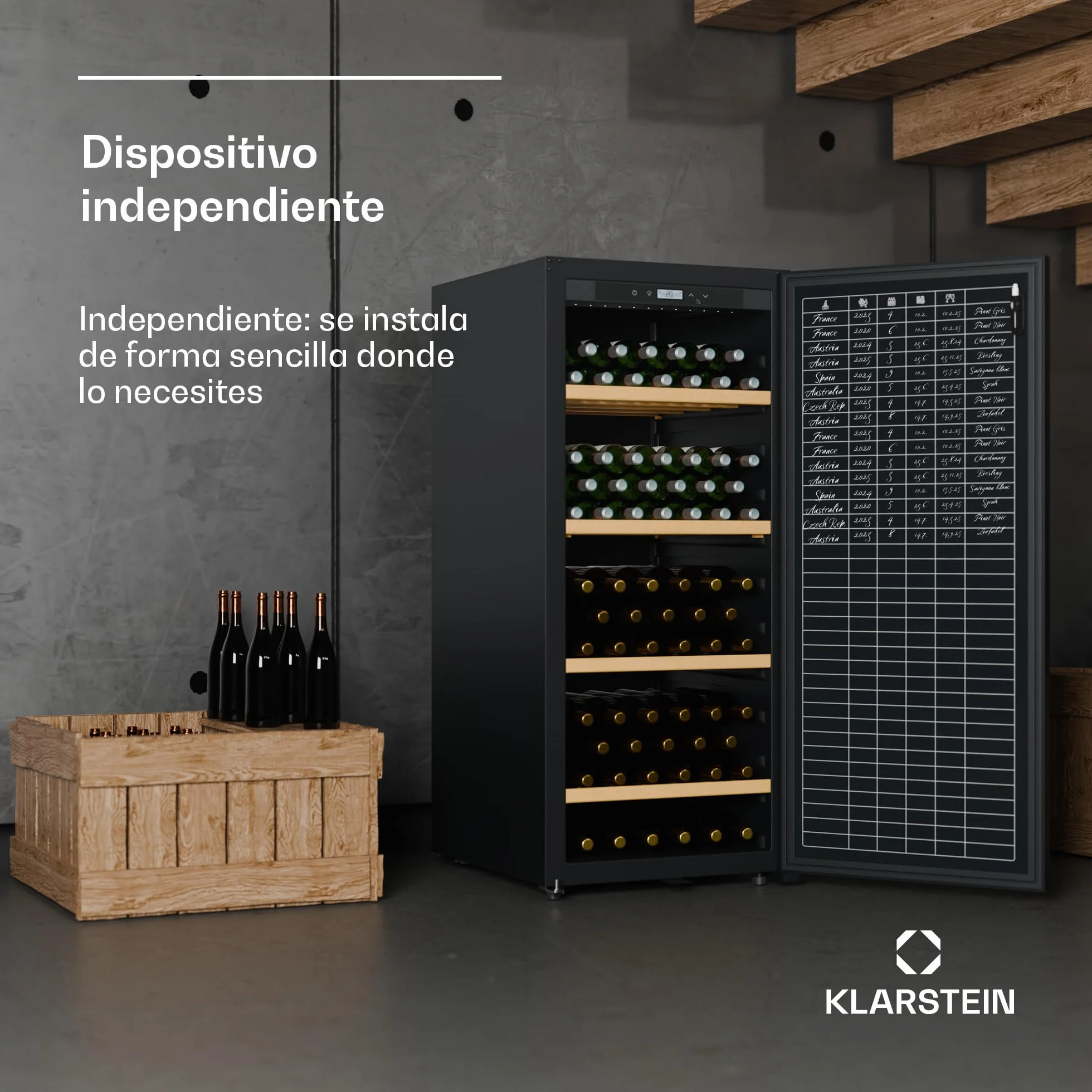 KLARSTEIN CellarMax Vinoteca Grande - 155 Botellas, 5-20°C, Control Táctil, Puerta Metálica, Cerradura, Alarma, Independiente, Nevera Para Vinos
