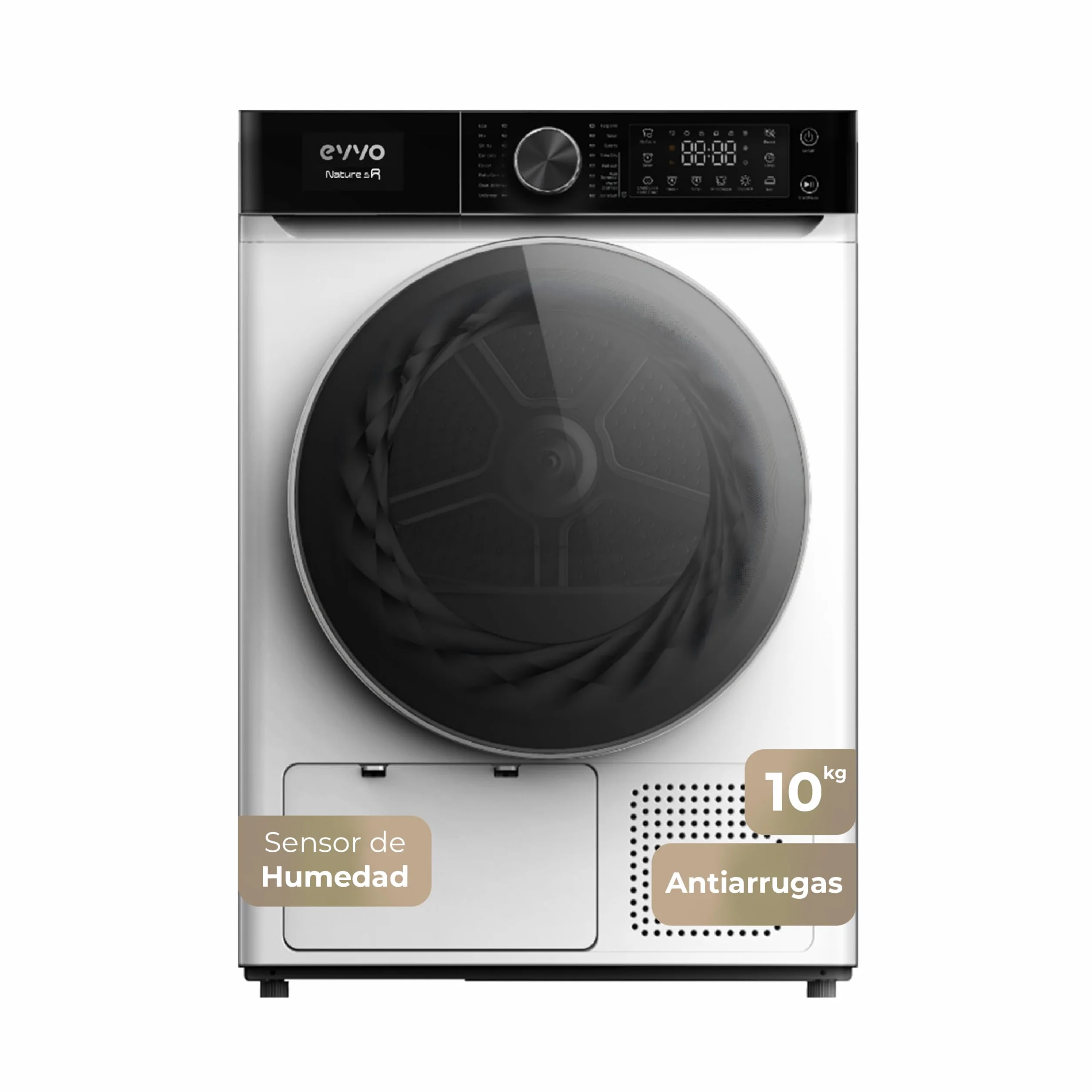 EVVO Secadora Bomba de Calor NATURE SR - Capacidad 10 Kg, Bomba Calor, Efic. Energética E, Secadora Condensación, Sensor Humedad, Antiarrugas, Inicio Diferido, 16 Programas, Bajo Consumo (Blanca)
