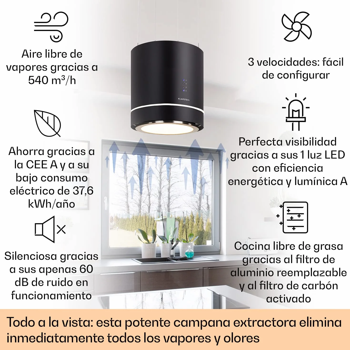 Klarstein Tron Ambience Campana extractora isla 165 W 540m³/h 38 cm 3 niveles LED Acero Grafito