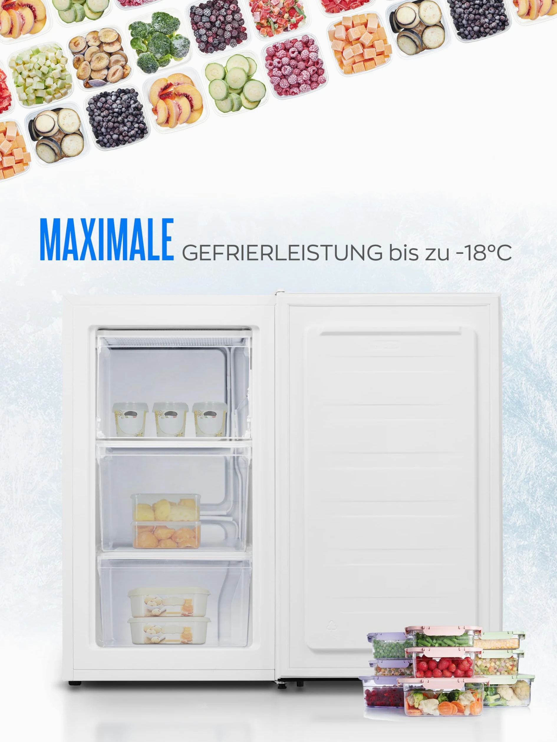 HEINRICHS - Congelador, 3 bandejas congeladoras, 7 posiciones de control de temperatura, flujo de aire, tope de puerta intercambiable, 61 litros de capacidad neta, temperatura: -18 °C ~ -38 °C, blanco